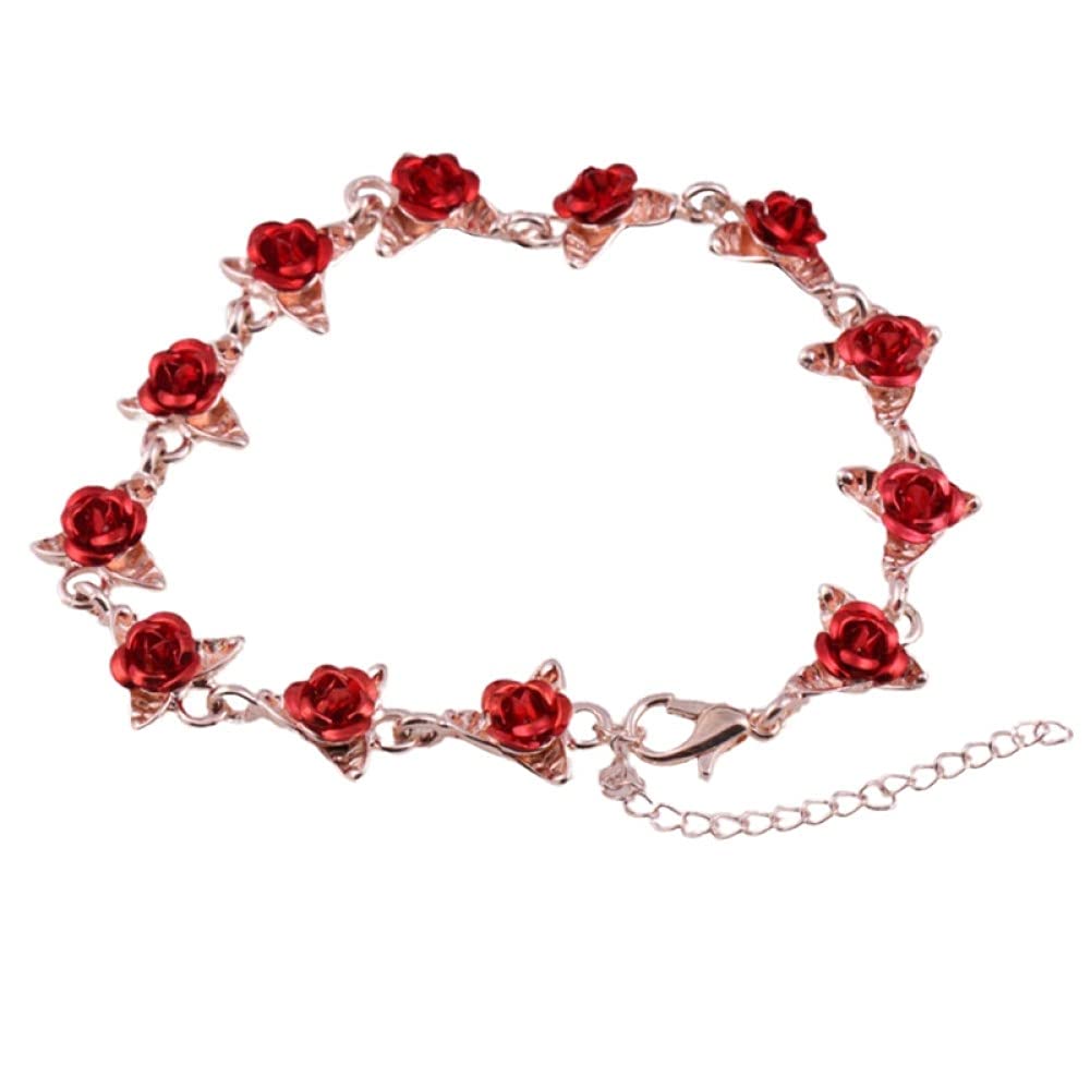 Exquisite Rose Gold Link Chain Bracelet for Women - Adjustable Romantic Jewelry with Red Enamel Rose, Perfect Valentine's Day, Anniversary & Birthday Gift for Her | Ideal for Date Nights, Special Occasions & Everyday Elegance