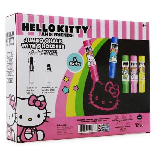 Inkology Hello Kitty and Friends Jumbo Sidewalk Chalk Set with 5 Holders - Colorful Outdoor Drawing for Kids, Sidewalk Art, Playground Fun & Birthday Party Activities