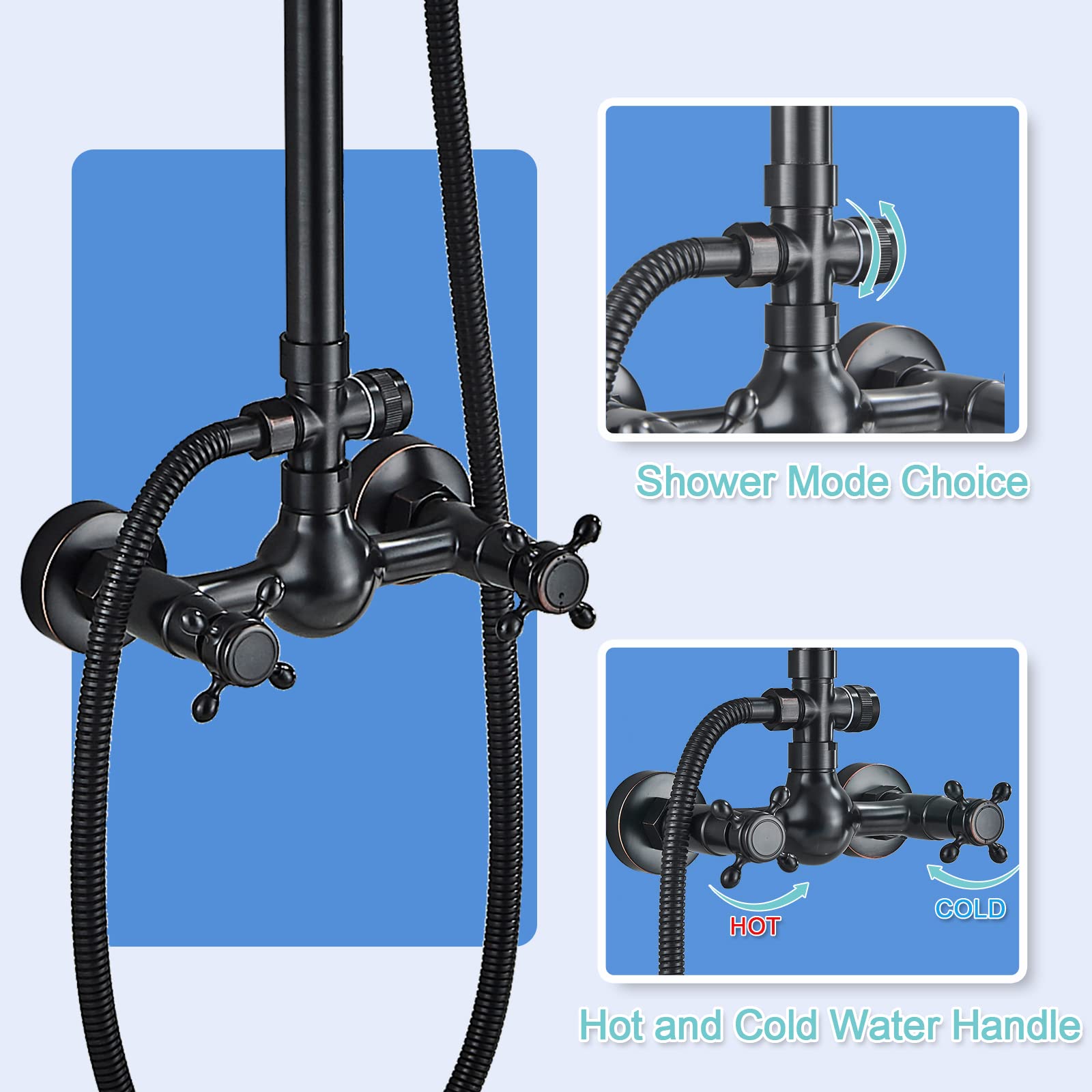 Oil Rubbed Bronze Rain Shower System - 8 Inch Rainfall Shower Head & Handheld Spray - Wall Mounted Solid Brass Faucet Set with 2 Cross Handles - Perfect for Outdoor & Bathroom Showers, Spa-Like Relaxation Experience