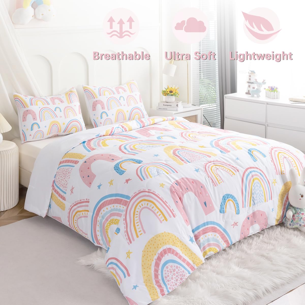 BEDMUST Rainbow King Comforter Set for Girls - Pink & Yellow Star Pattern Bedding, 3 Piece Set with 1 Comforter & 2 Pillow Shams | Soft & Cozy Twin/Full/Queen Size | Perfect for Kids Bedroom, Dorm Room & Sleepovers