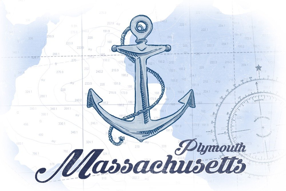 Plymouth Massachusetts Anchor Blue Coastal Icon Wall Art Poster - 12x18 Inches Nautical Decor for Living Room, Bedroom & Office