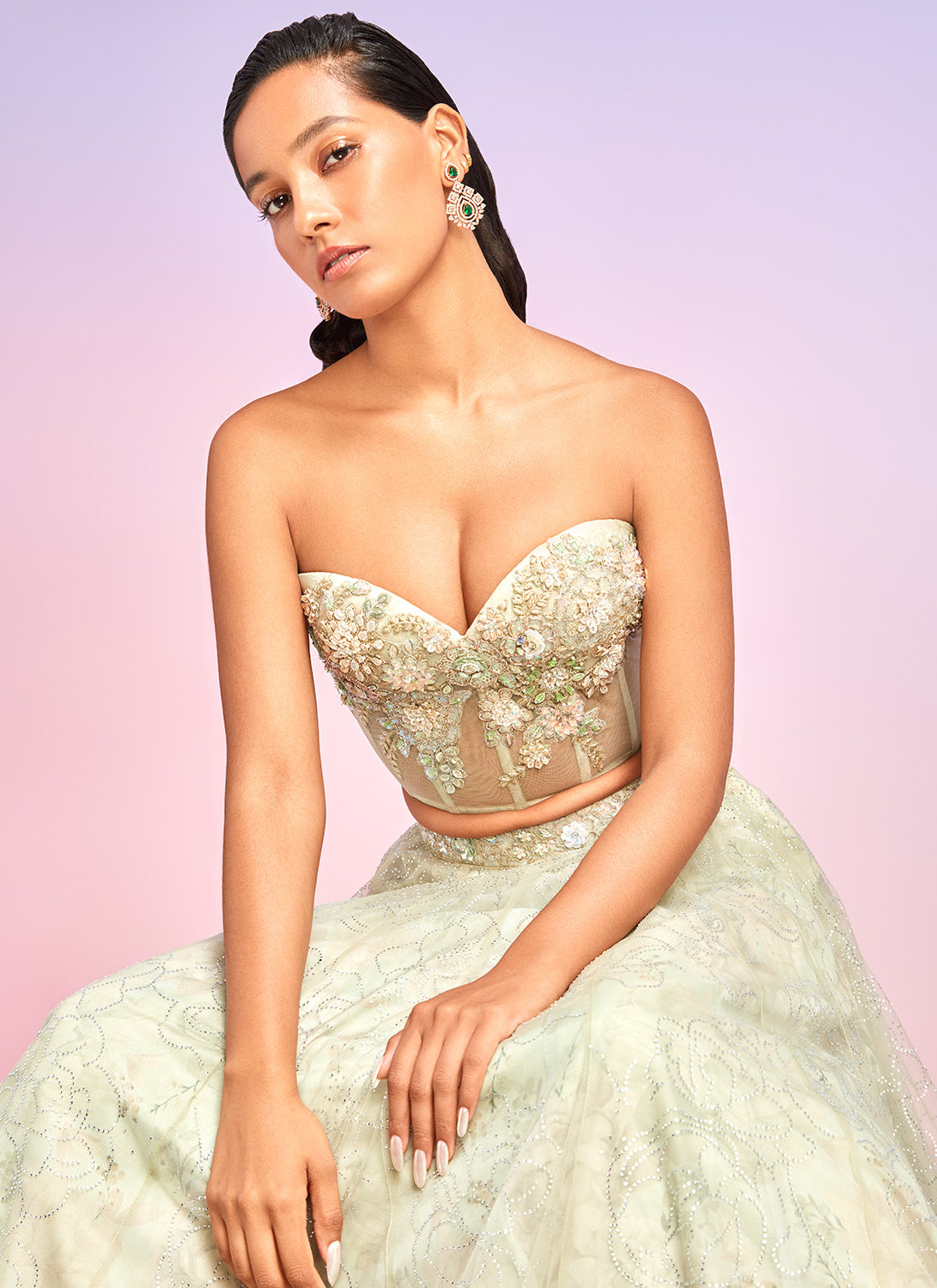 Light Green Floral Embroidered Corset Style Lehenga Choli - Elegant Indian Bridal Wear for Weddings & Festive Occasions