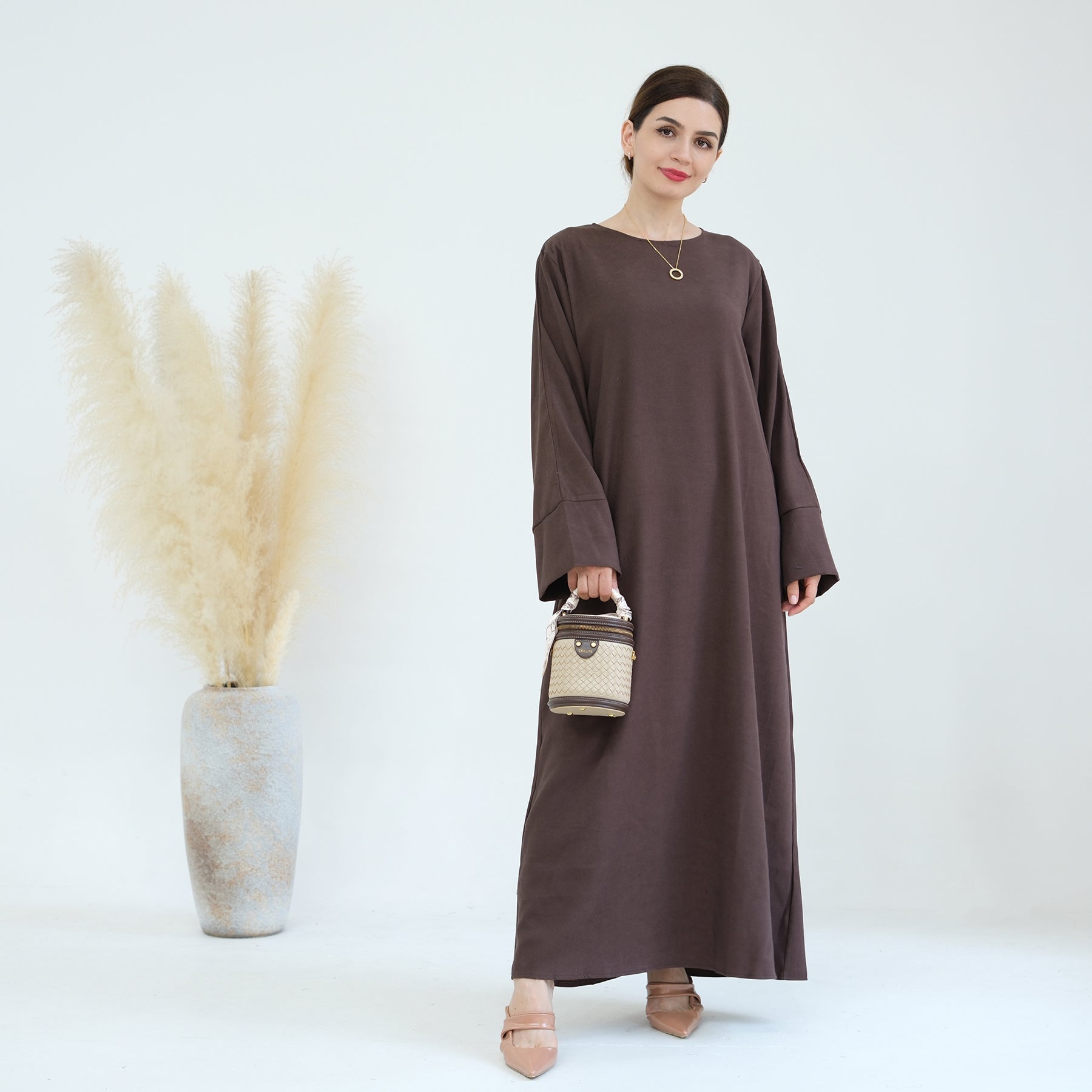 Liliana Women's Cold Weather Abaya Dress - Warm Winter Long Sleeve Maxi Dress with Hood (Brown) | Perfect for Modest Fashion, Prayer, and Outdoor Activities in Cold Climates