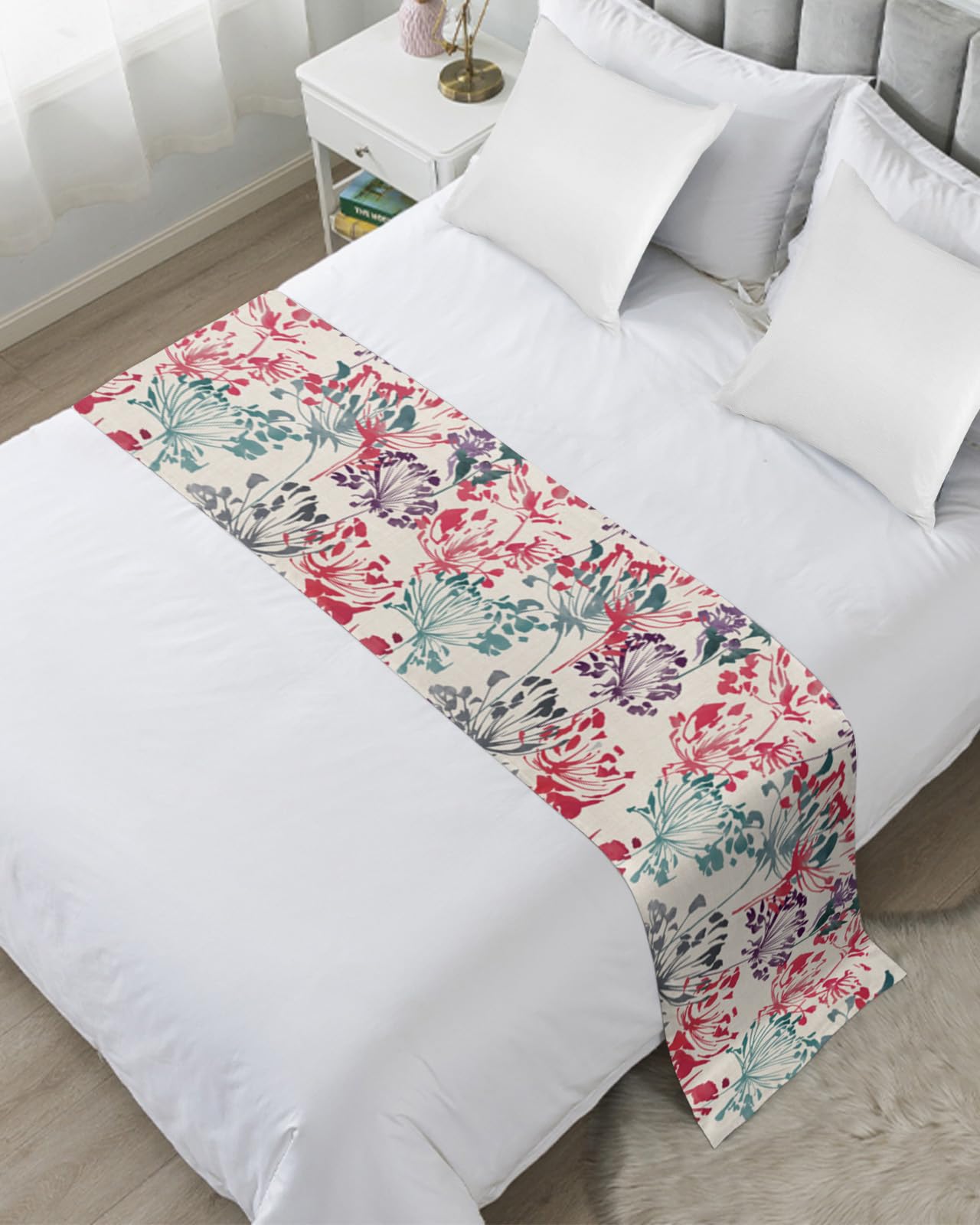 King Size Bed Runner - Teal Pink Purple Floral Decorative Bed Scarf Throw (94