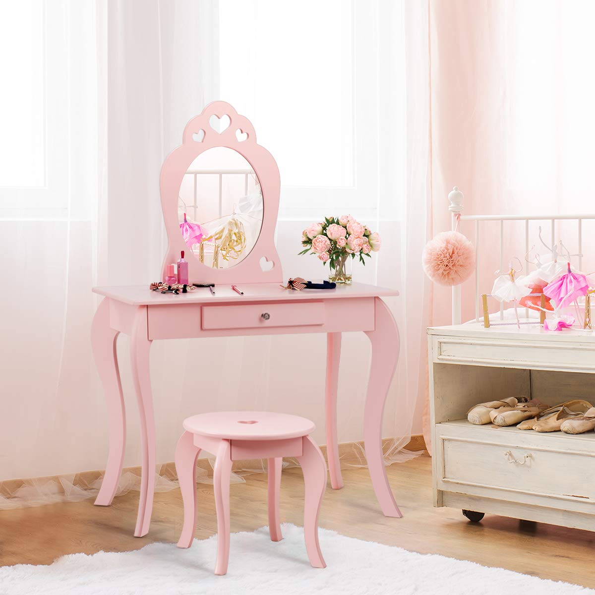 Costzon Kids Vanity Set with Mirror - 2-in-1 Wooden Princess Makeup Dressing Table with Detachable Top, Drawer & Stool - Pretend Play Vanity for Little Girls (Pink) - Perfect for Birthday Gifts, Bedroom Decor & Role Play Activities