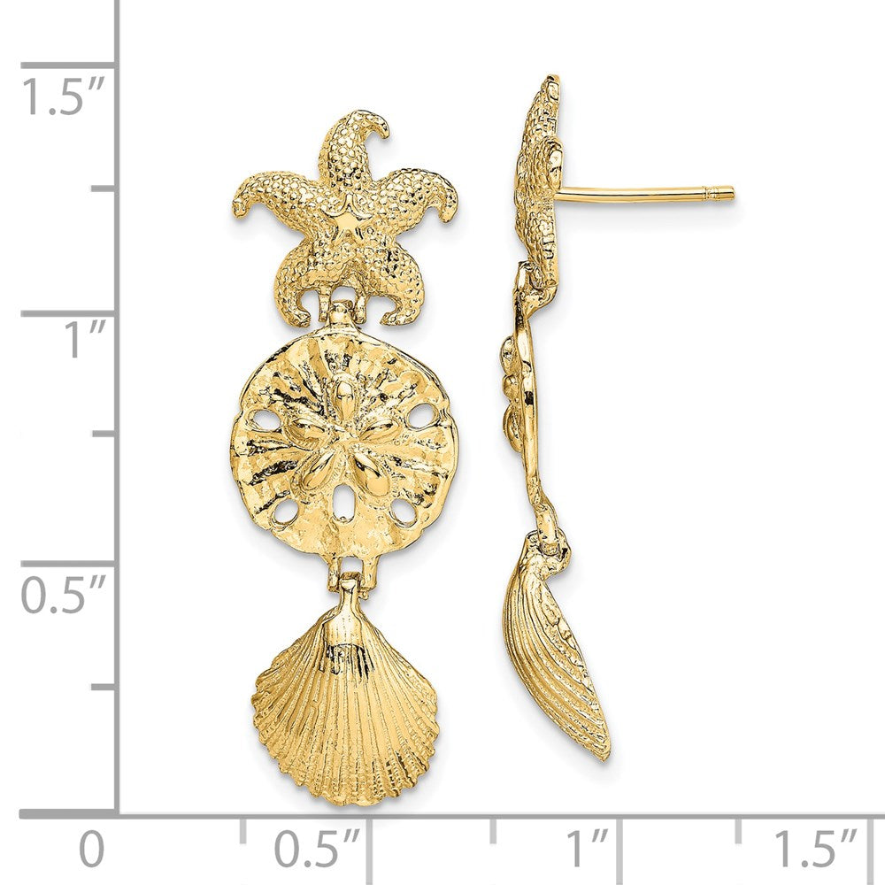 Gold Diamond Cut Starfish Shell Sand Dollar Dangle Earrings TE847 - Elegant Beach Jewelry for Summer Vacation & Boho Fashion