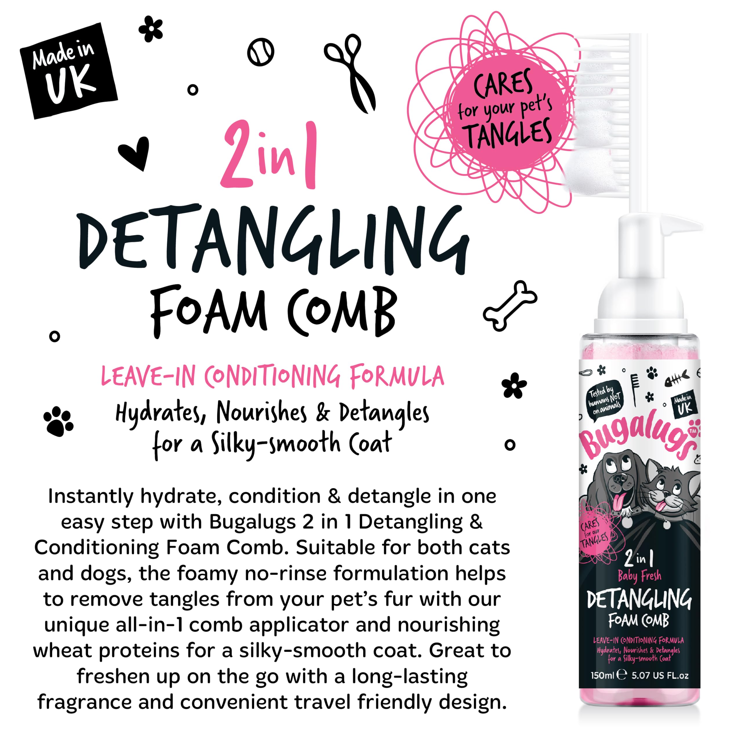 Bugalugs Pet Detangler Foam Comb - Leave-In Conditioner Spray for Dog Grooming, Detangling & Knot Removal with Wheat Protein (Baby Fresh Scent) - Perfect for Daily Coat Care & Professional Grooming Sessions