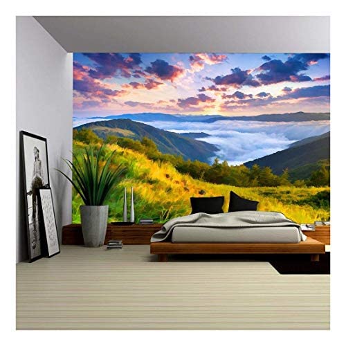 Wall26 - Watercolor Painting Style Digital Artwork - Stunning Summer Sunrise Mountain Landscape - Removable Self-Adhesive Wall Mural (100x144 inches) - Perfect for Living Room, Bedroom, or Office Decor - Ideal for Home, Office & Commercial Spaces