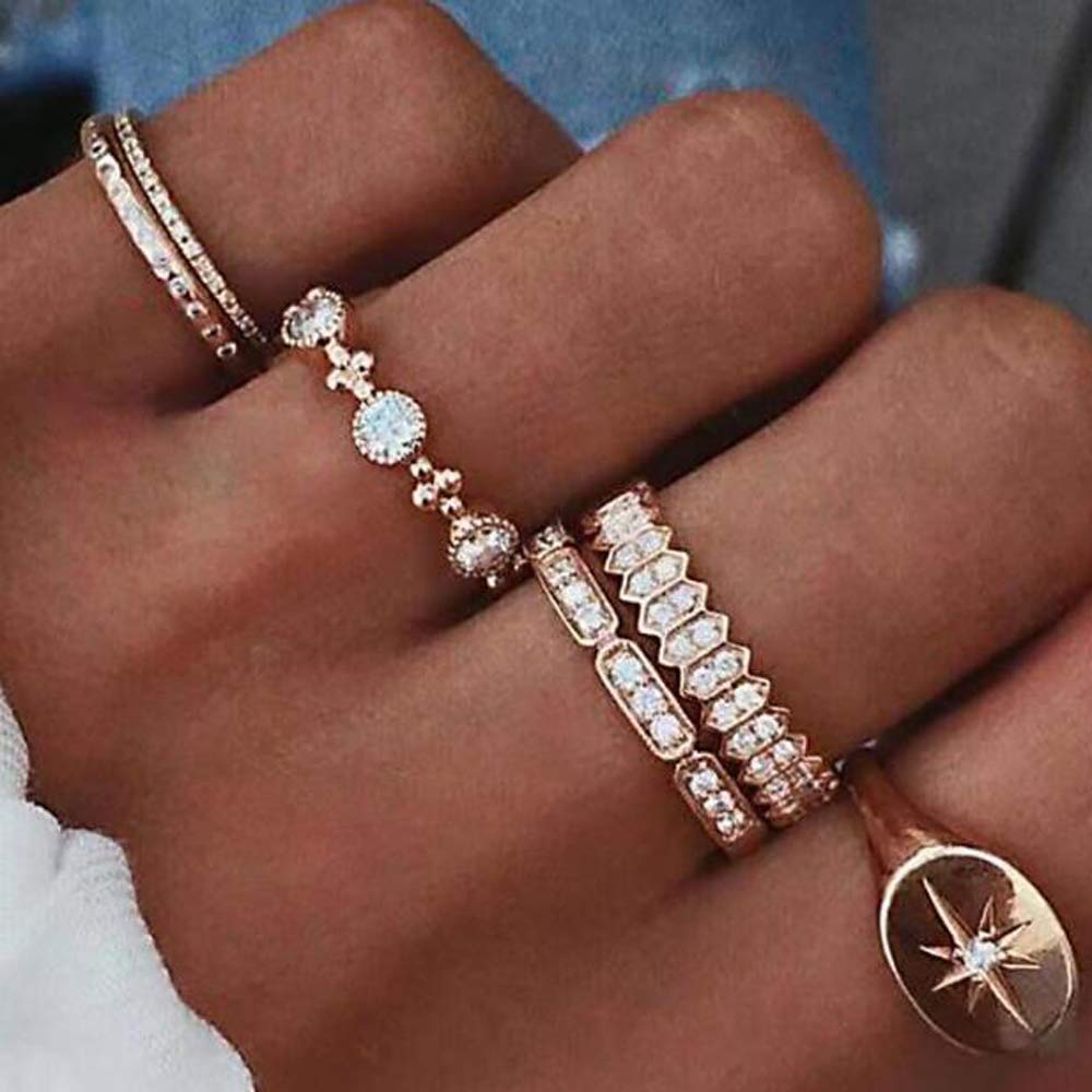 Vintage Silver Rhinestone Stackable Ring Set - 6 PCS Sun & Knuckle Rings for Women & Girls | Boho Chic Jewelry for Parties, Weddings & Everyday Wear