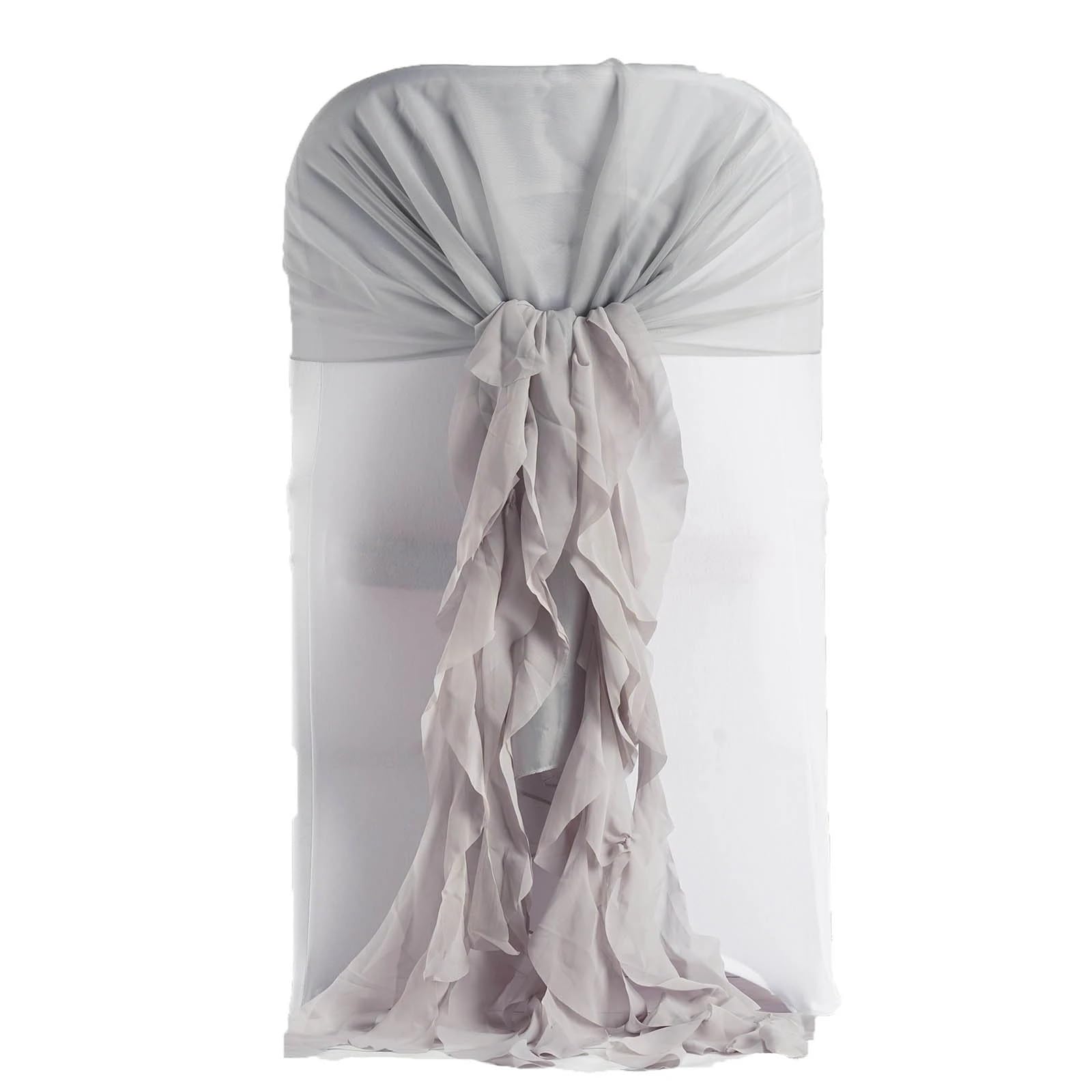 50 Silver Premium Curly Chiffon Chair Covers with Sashes - Elegant Wedding, Party & Reception Decorations - Affordable Event Supplies for Banquets, Ceremonies and Special Occasions