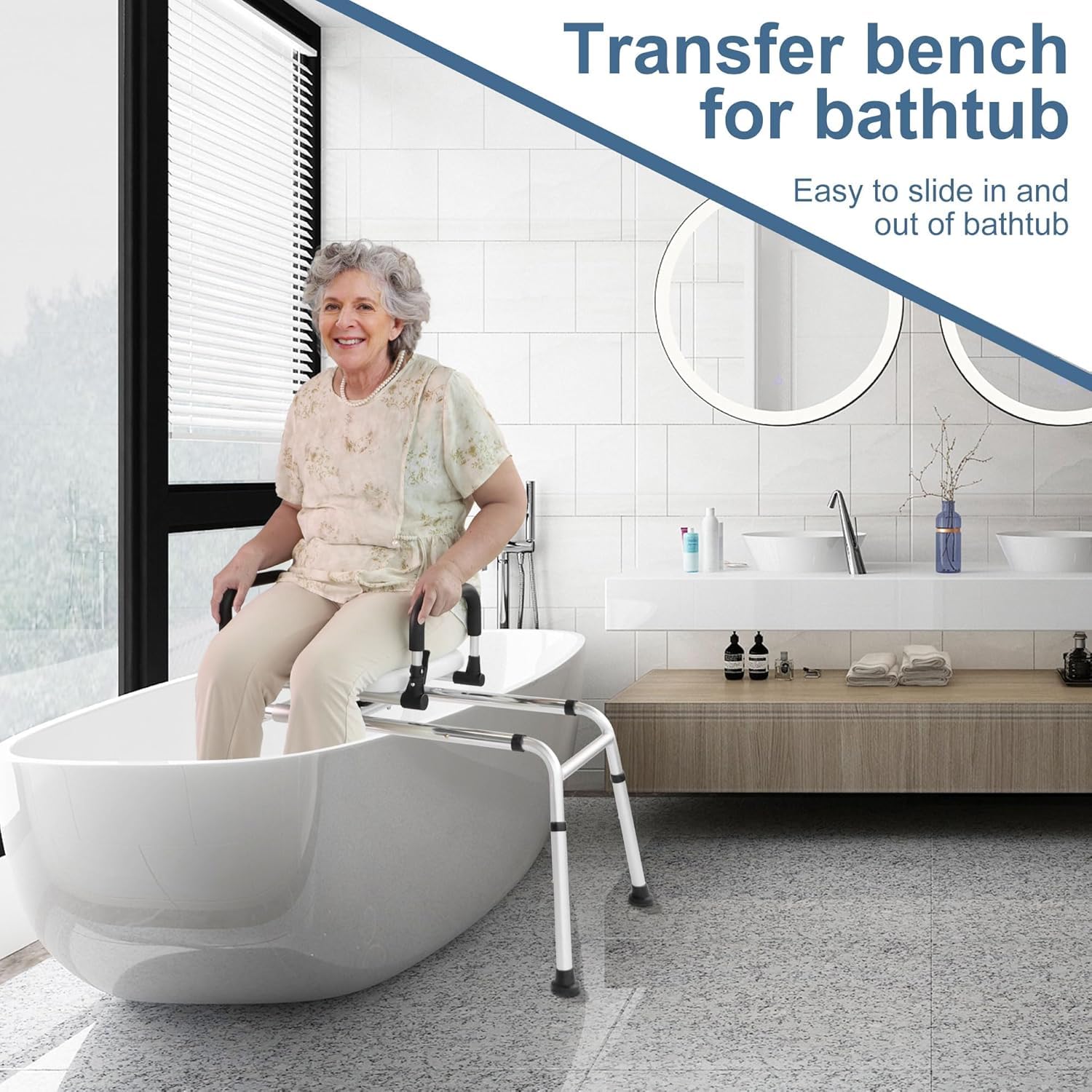 360° Swivel Shower Chair with Extra-Wide Seat - Adjustable Height Bath Transfer Bench for Seniors & Handicap (400 lbs Capacity) - Non-Slip Padded Arms for Safety - Ideal for Bathroom Mobility & Elderly Care - Silver, Large