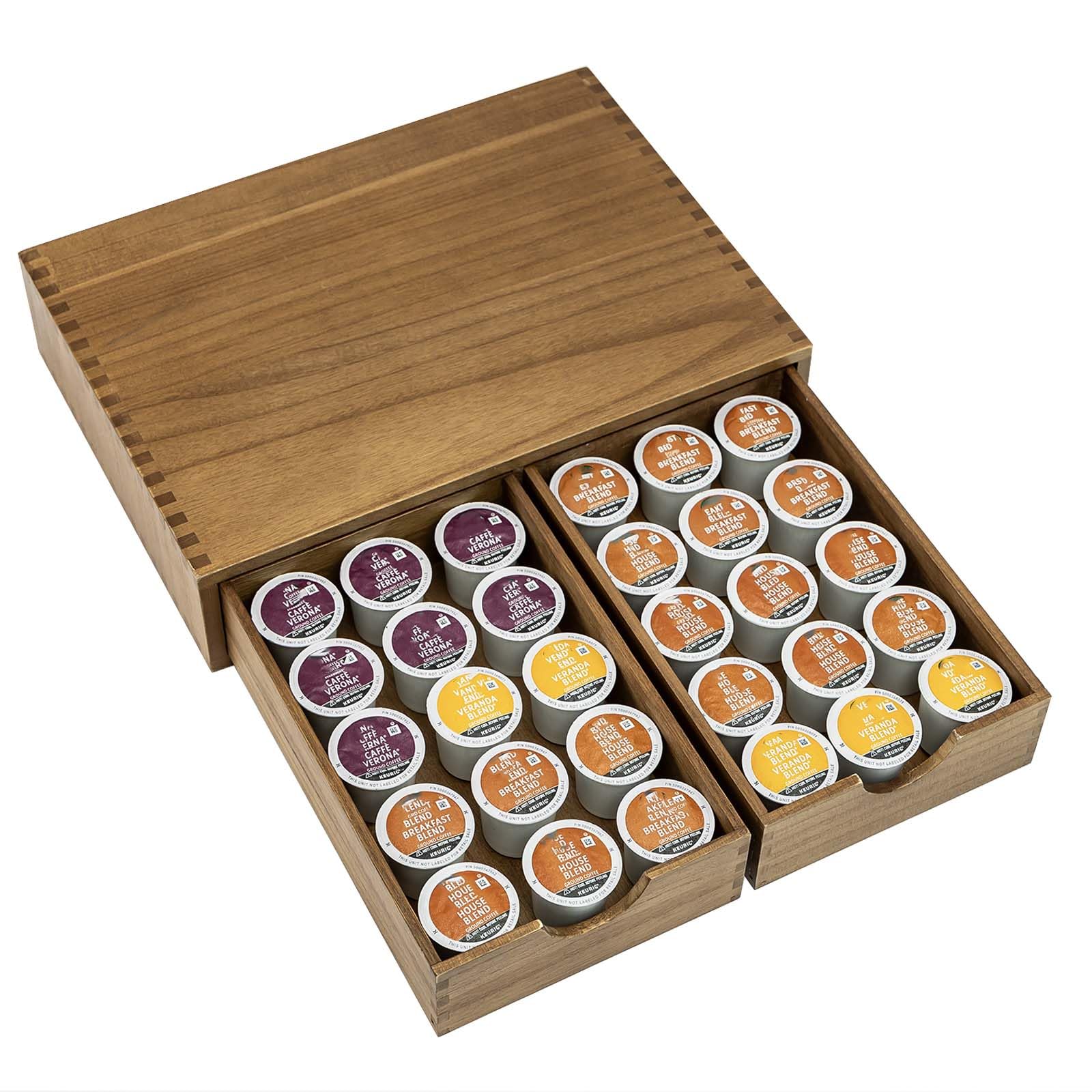 Wooden K Cup Organizer - 30 Pod Capacity Coffee Pod Storage Box & Tea Organizer Drawer for Keurig Brewer - Perfect for Kitchen Countertop, Office Breakroom, and Coffee Station Organization