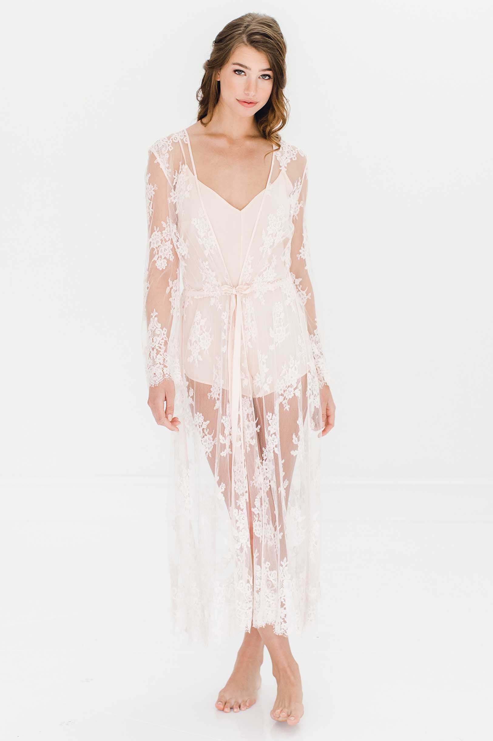 Jenny Boho Long French Lace Robe in Ivory - Elegant Bridal Loungewear & Wedding Nightgown for Honeymoon, Bridal Shower & Romantic Getaways