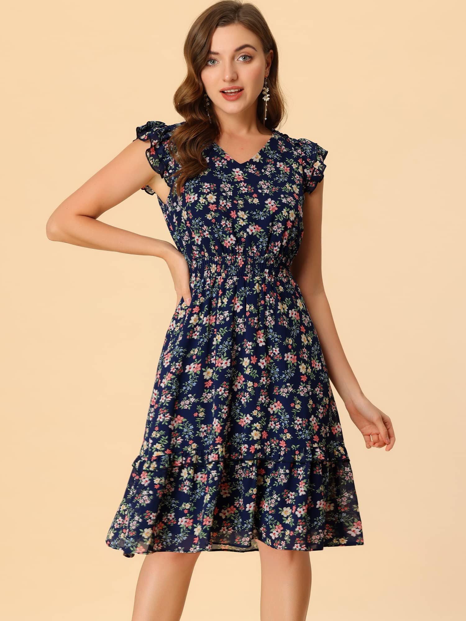 Allegra K Women's Floral Print Flutter Sleeve V-Neck Smocked Ruffle Summer Dress | Casual & Party Wear | Perfect for Beach Vacations, Date Nights & Outdoor Events