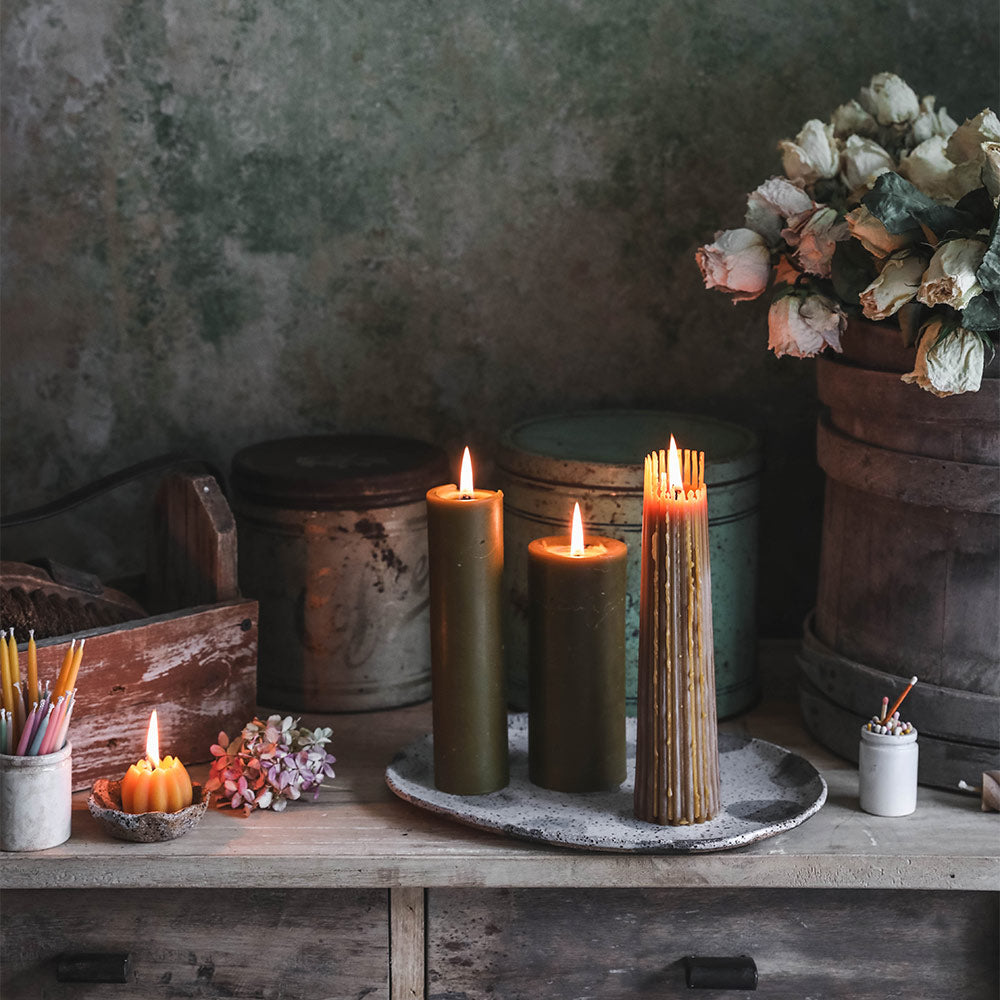 Eco-Friendly Slim Beeswax Pillar Candle with Moss - Natural Home Decor for Relaxation, Meditation & Aromatherapy - Perfect for Spa, Yoga Studio & Cozy Home Ambiance