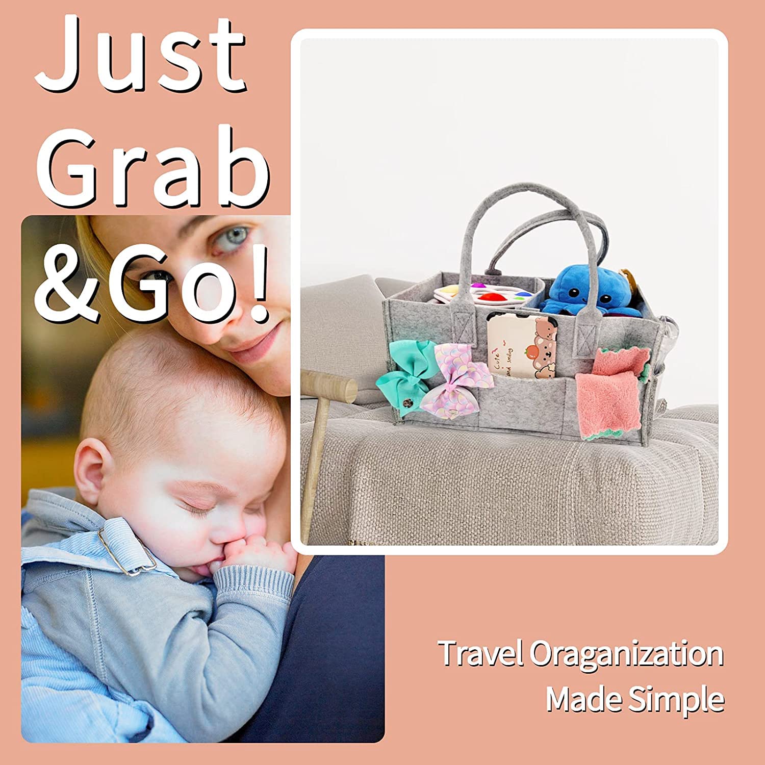 Portable Baby Nappy Caddy Organizer - Grey Nursery Storage Basket & Travel Tote Bag for Diapers, Wipes, and Newborn Essentials - Perfect for Changing Table, Car, and Baby Shower Gifts