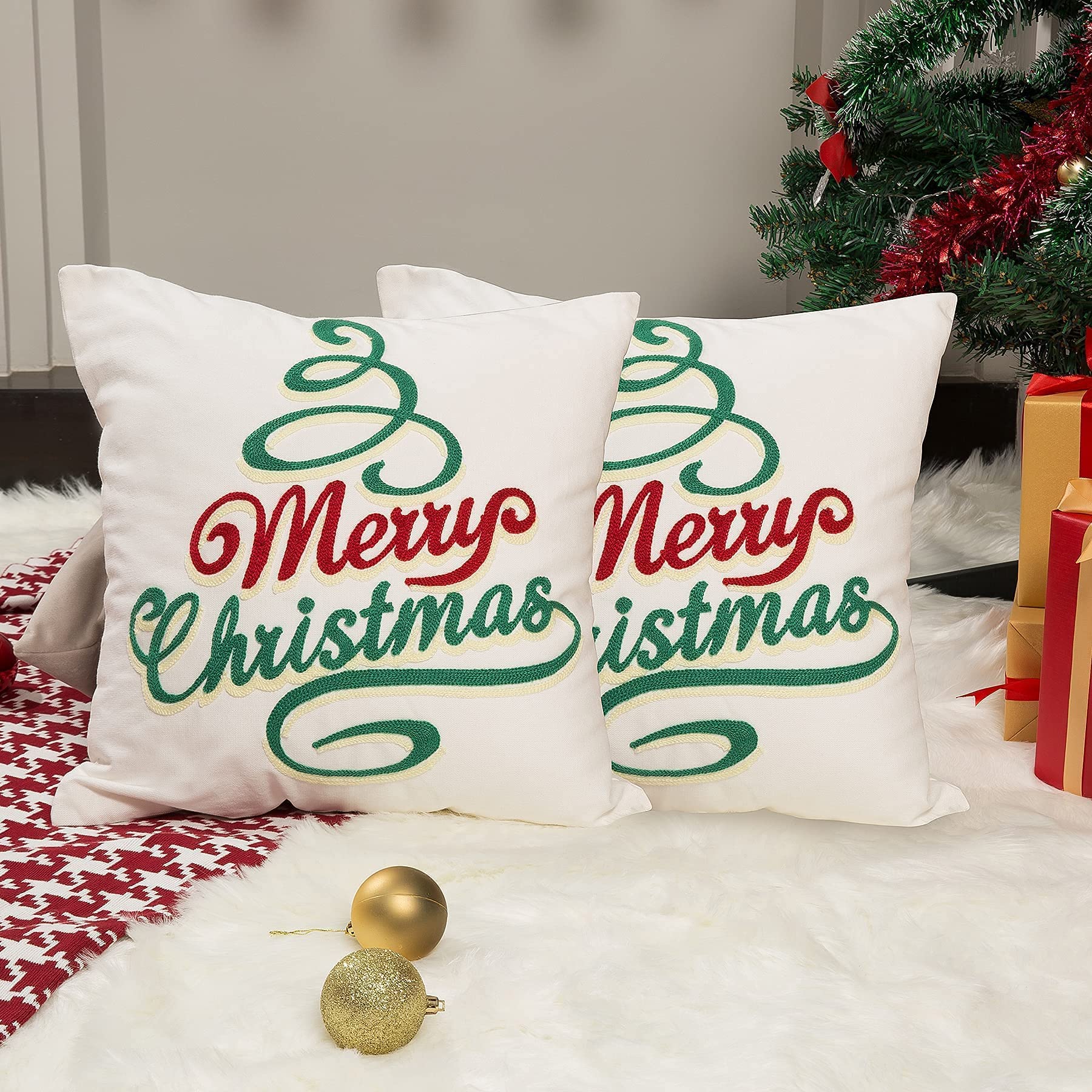 2023 Christmas Pillow Covers 18x18 Inch - Set of 2 Embroidered Merry Christmas Tree Throw Pillow Cases - Cotton Linen Canvas Cushion Covers for Farmhouse, Living Room, Sofa & Holiday Home Decor - Perfect for Christmas Gifts & Seasonal Home Styling