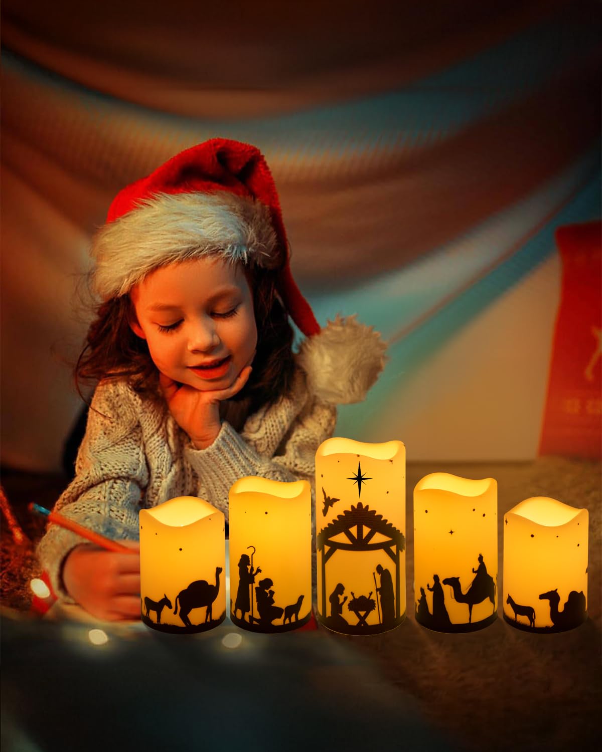 5-Pack Battery Operated LED Flameless Christmas Candles with Timer - Nativity Scene Religious Pillar Candles for Indoor Holiday Decor, Home Christmas Tree, Church & Tabletop Decorations