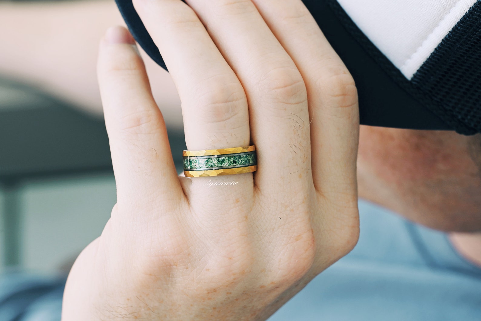 8MM Gold Tungsten Moss Agate Wedding Band for Men & Women – Durable & Elegant Ring for Engagement, Anniversary, or Everyday Wear