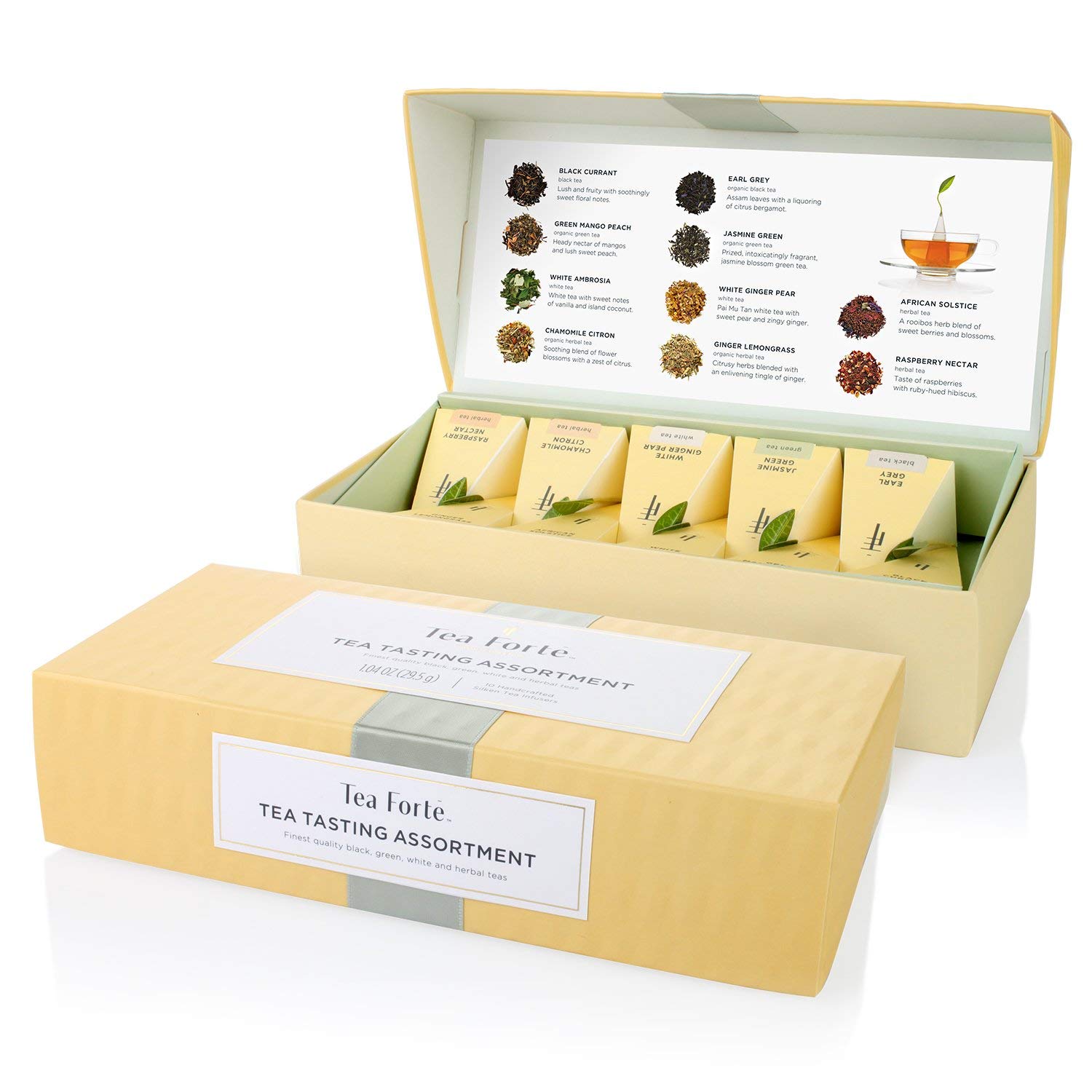 Premium Tea Forte Tea Tasting Assortment Gift Set - 10 Individually Wrapped Pyramid Infuser Bags, Handcrafted Tea Sampler with Petite Presentation Box | Perfect for Gifting, Tea Parties & Relaxation Moments