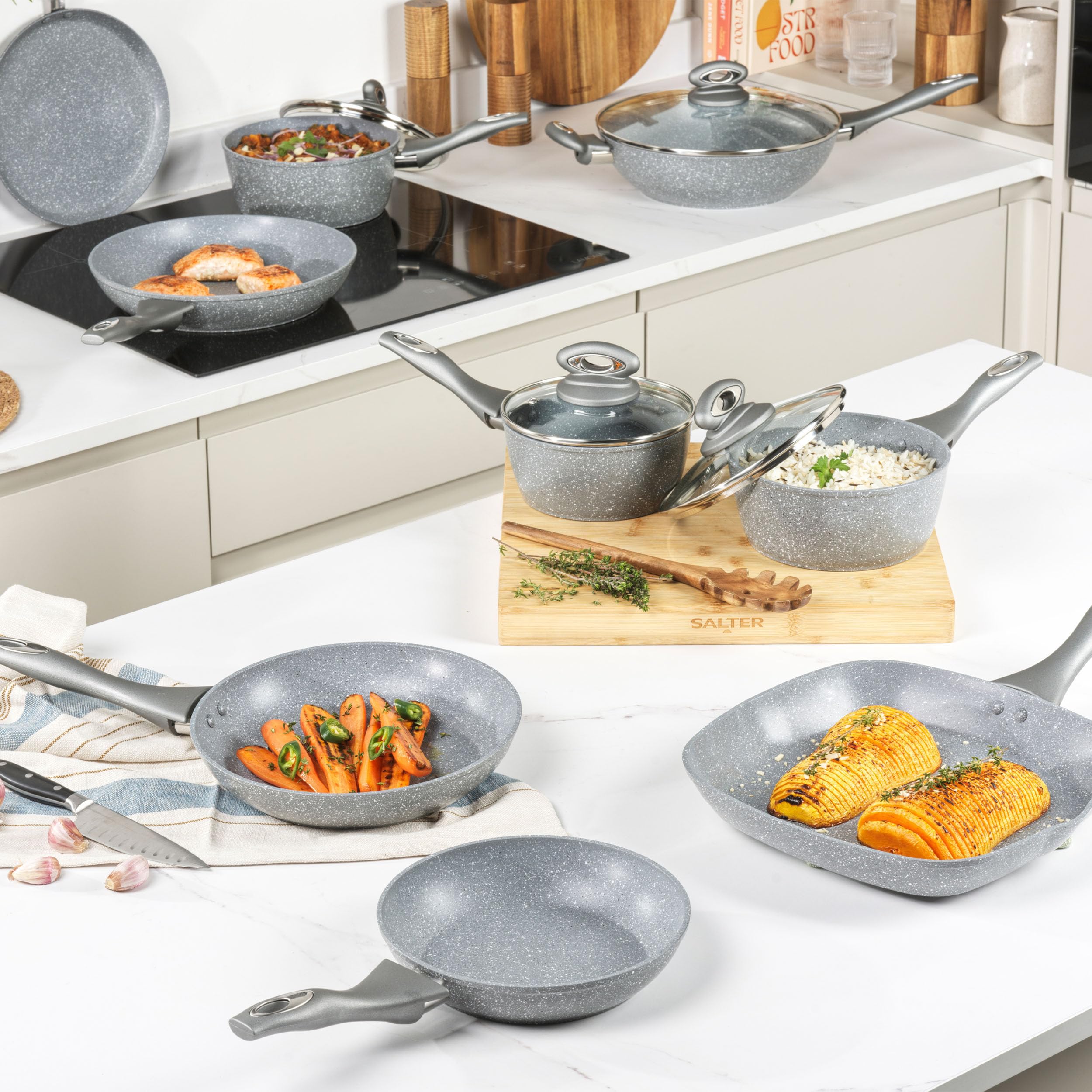Premium Salter Marblestone 4-Piece Nonstick Cookware Set - 16cm, 18cm, 20cm Sauce Pans with Lids & 24cm Frying Pan | PFOA-Free Forged Aluminum, Induction Compatible | Perfect for Everyday Cooking, Meal Prep & Family Dinners