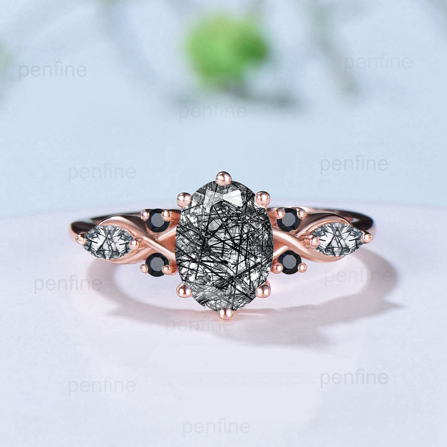 1.5CT Natural Oval Black Rutilated Quartz & Black Spinel Engagement Ring Set - Nature Inspired Double Leaf Wedding Band Stacking Bridal Jewelry for Women - Perfect for Proposals, Anniversaries & Boho Chic Bridal Looks