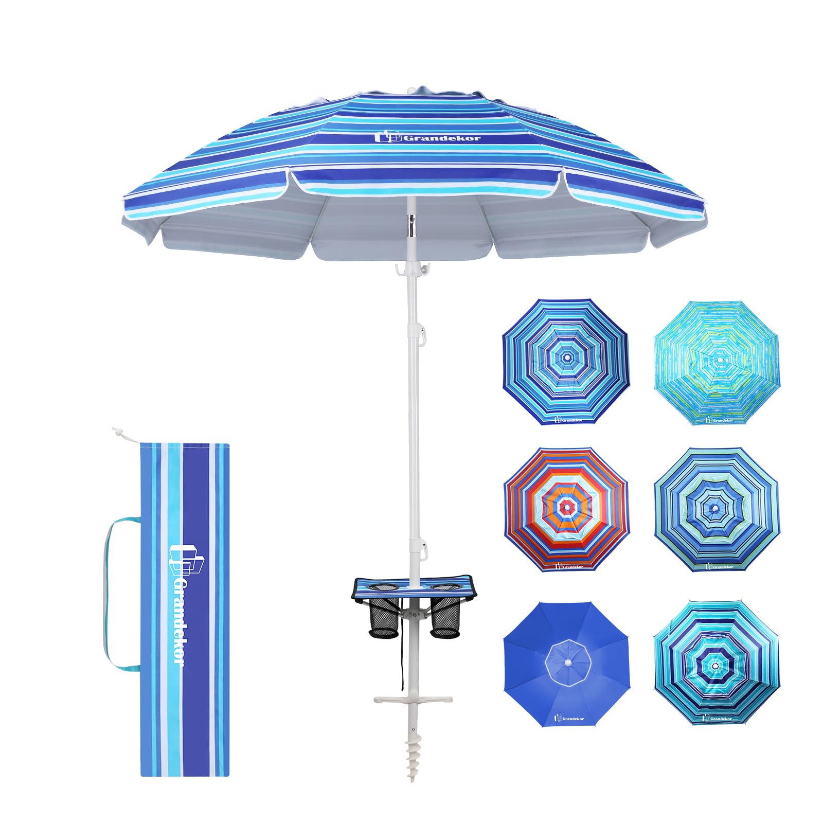 Grandekor 7FT Heavy Duty Windproof Beach Umbrella with Sand Anchor, Portable UV 50+ Sun Shade with Carry Bag & Side Table - Perfect for Beach Vacations, Poolside Relaxation, and Outdoor Picnics