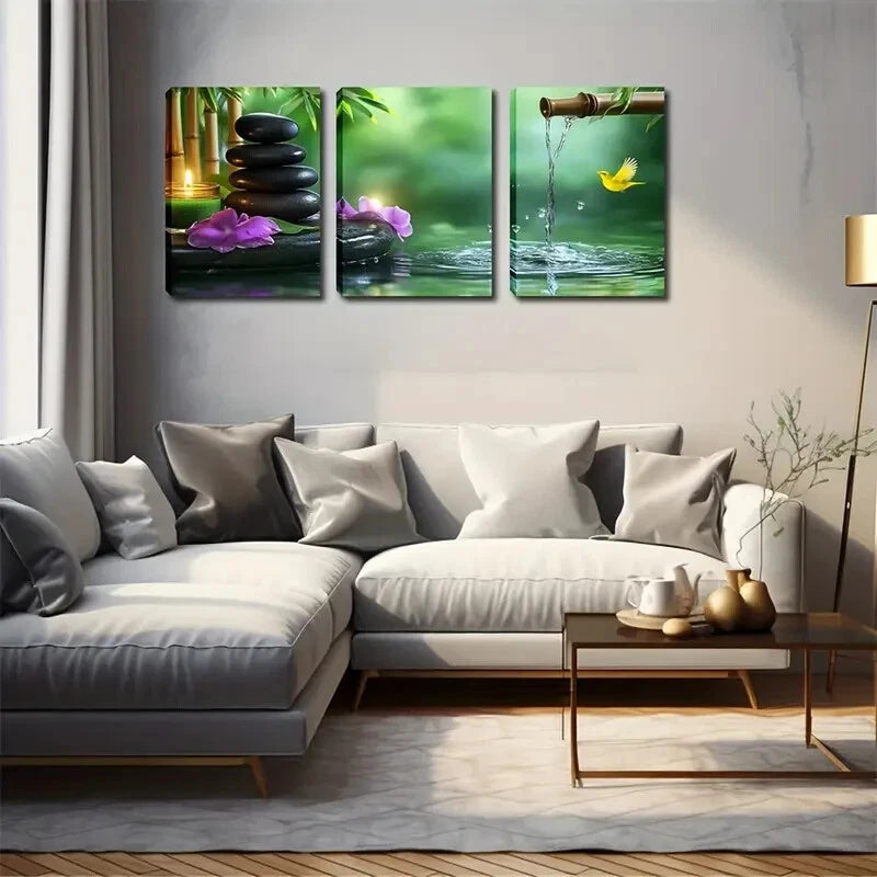 3-Piece Purple Flowers & Serene Waters Wall Art Set - Framed Canvas 40x60cm - High Quality Print - 100% Australian Made - Ready to Hang - Perfect for Living Room, Bedroom & Office Decor