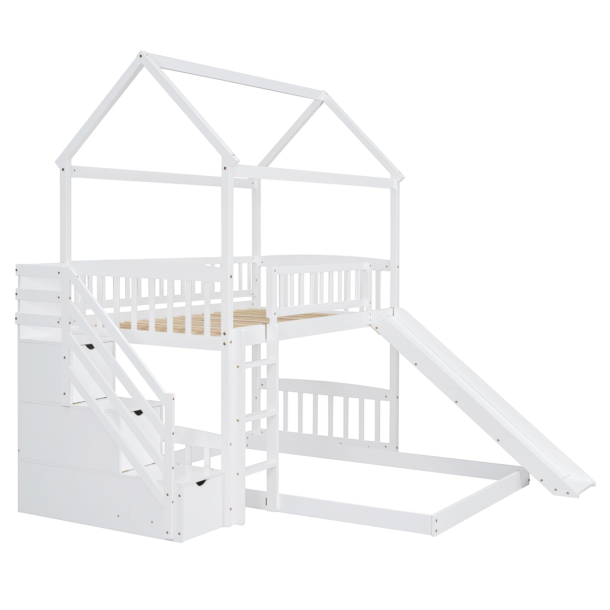 Solid Wood Twin Over Twin Bunk Bed with Slide & Storage Staircase - Kids Loft Bed with Roof & Guardrails for Girls & Boys - Easy Assembly (White) - Perfect for Small Bedrooms, Playrooms & Sleepovers