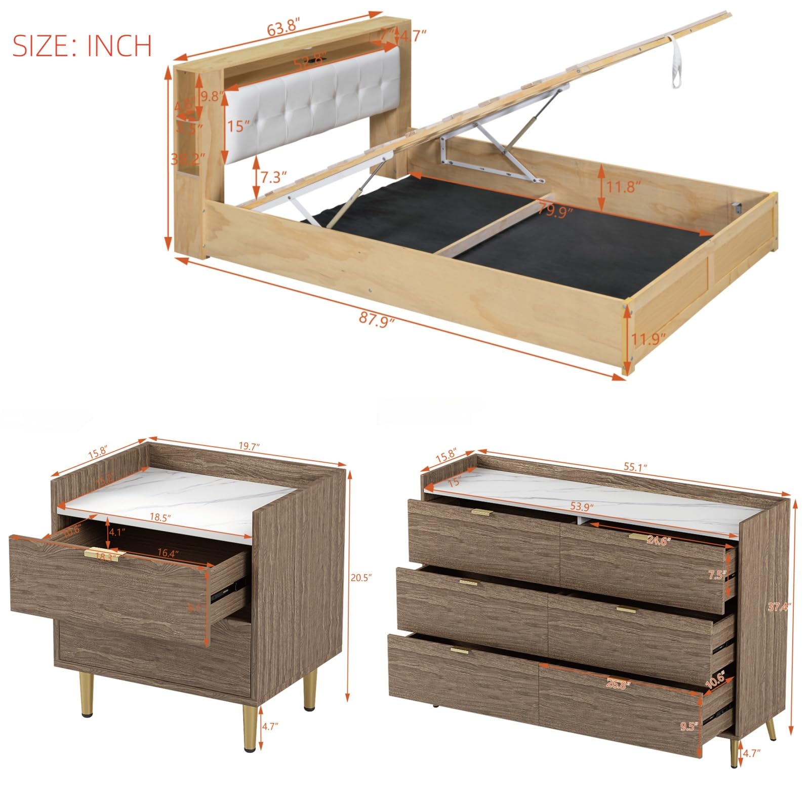 Merax 3-Piece Queen Size Bedroom Set with Upholstered Platform Bed, Storage Nightstand & 6-Drawer Dresser - Motion Activated Night Lights & USB Charger - Modern Bedroom Furniture for Small Spaces & Guest Rooms