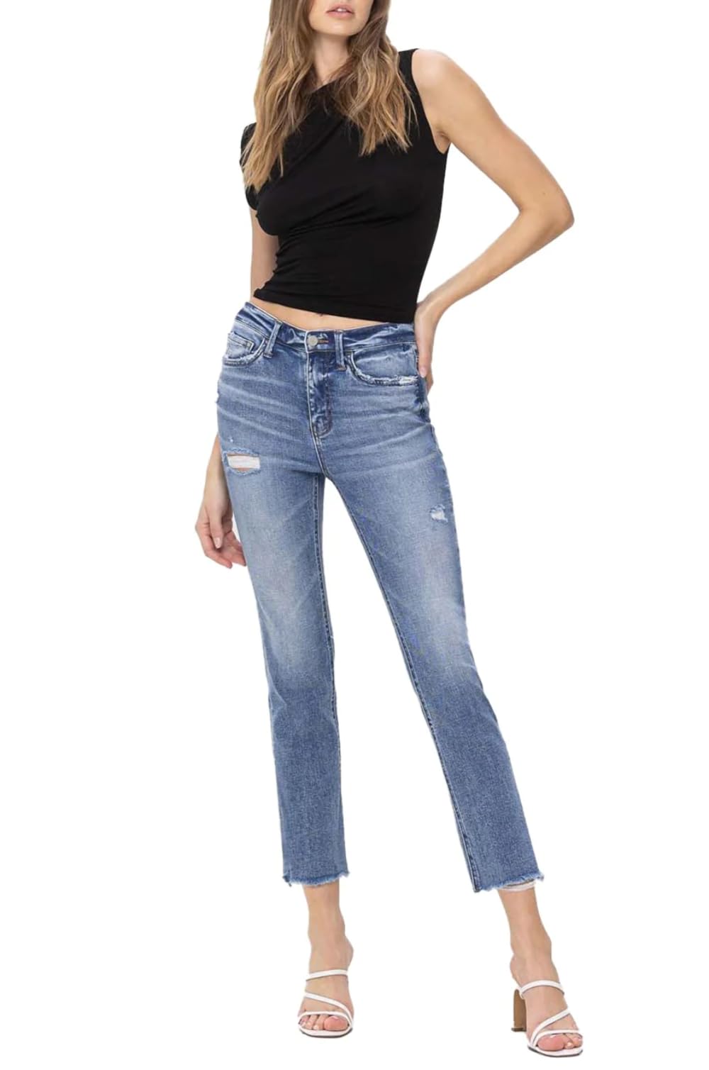 Flying Monkey Women's High Rise Slim Straight Jeans with Raw Hem - F5160 | Comfortable & Stylish for Casual Wear, Work & Everyday Outfits
