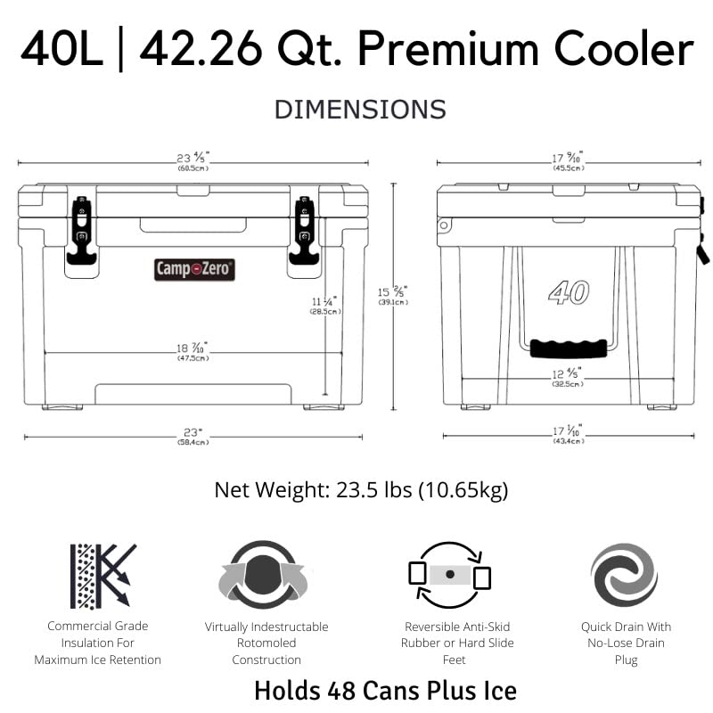 CAMP-ZERO 40L-42 Quart Heavy Duty Hard Cooler Ice Chest with 4 Cup Holders & Comfort Grip - Perfect for Camping, Beach, Picnics, Boating, Hunting & Travel - Keep Drinks Cold for Outdoor Adventures, Tailgating & Road Trips