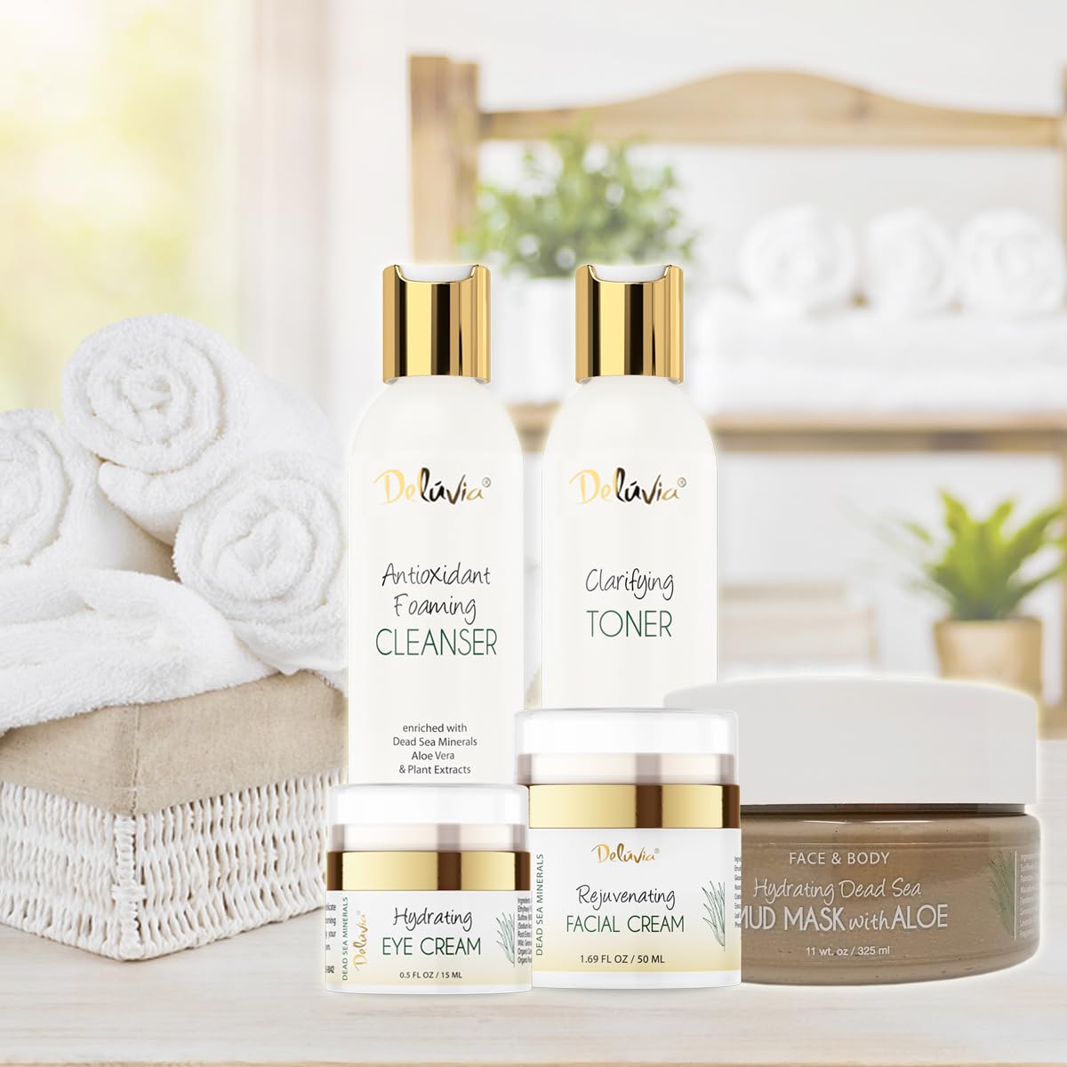 Deluvia Premium Facial Kit - Gentle Foaming Cleanser, Clarifying Toner, Hydrating Moisturizer & Eye Cream with Dead Sea Mud Mask | Complete Skincare Routine for Dry, Sensitive & Acne-Prone Skin | Perfect for Morning & Night Use