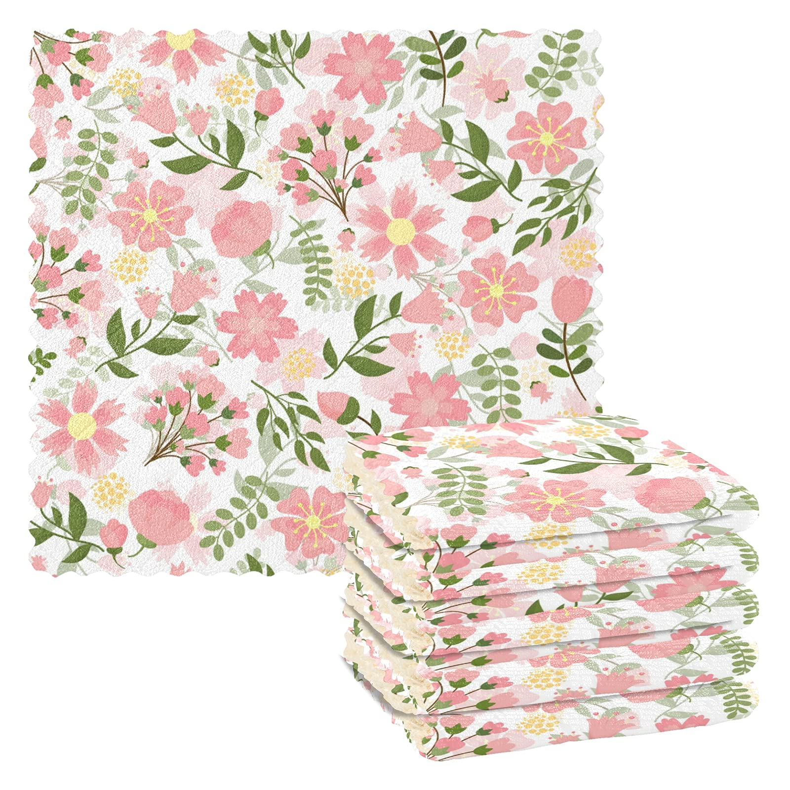 6 Pack Spring Floral Dish Cloths - Super Absorbent Reusable Kitchen Towels for Washing Dishes, Cleaning Counters & Drying Hands | Soft Cotton Dish Rags for Daily Kitchen Use, Housewarming Gifts & Spring Home Decor