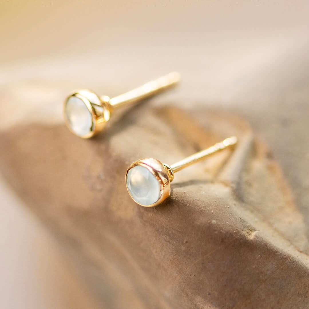 Aqua Chalcedony Mini Stud Earrings - 14K Gold Plated March Birthstone Jewelry for Women - Perfect Gift for Birthday, Anniversary & Everyday Wear