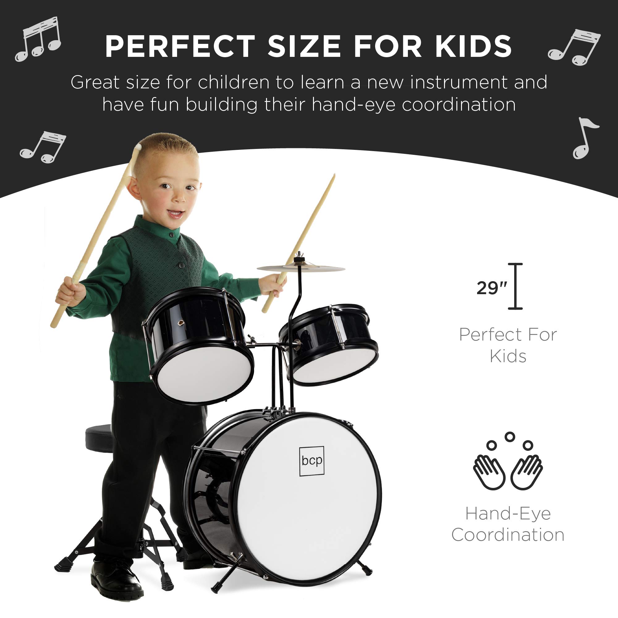 Best Choice Products 3-Piece Kids Drum Set for Beginners - Junior Drum Kit with Throne Stool, Cymbal, Drum Sticks & Bass Drum Pedal - Black - Perfect for Home Practice, Music Lessons & Kids Birthday Gifts