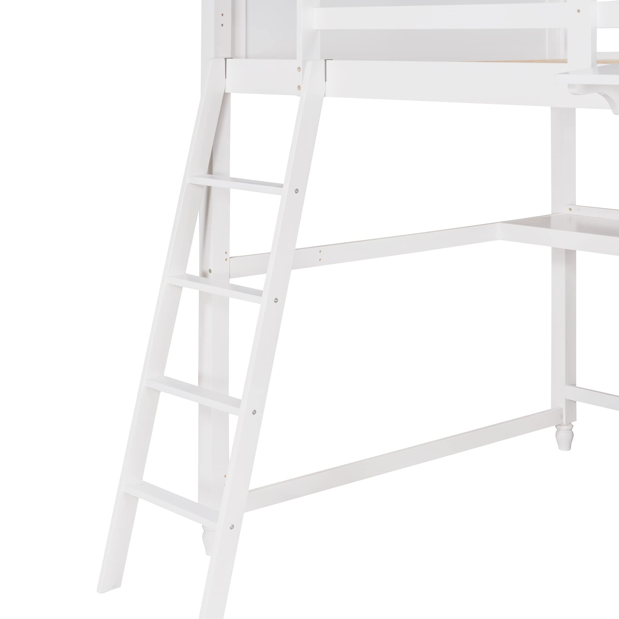Full Size Wooden Loft Bed Frame with 6 Storage Drawers, Shelves, Desk & Safety Ladder - Sturdy Kids Bedroom Furniture for Small Spaces - Perfect for Teens, College Dorms & Tiny Homes (White)