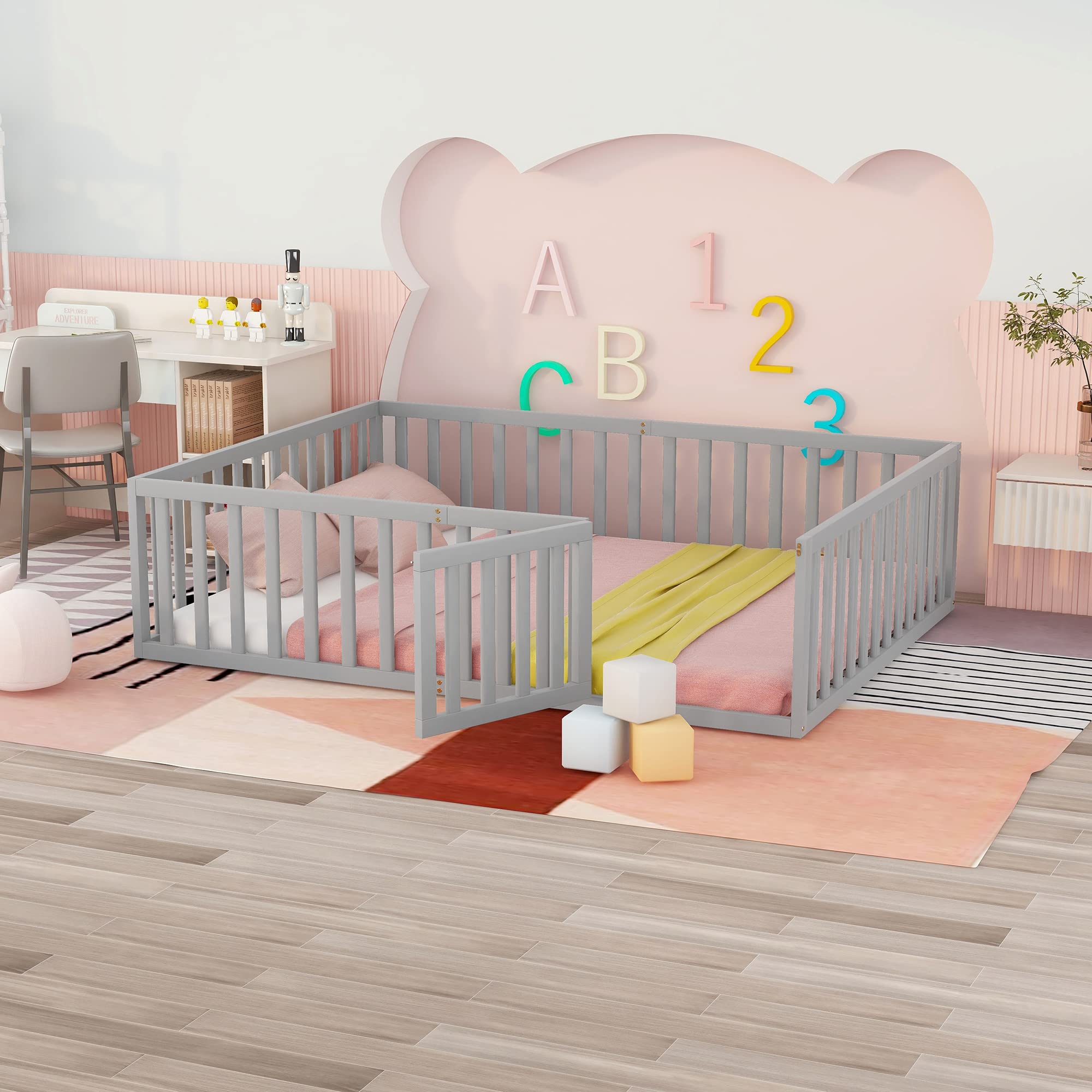 Montessori Floor Bed with Door - Queen Size Wooden Kids Bed Frame with Safety Fence for Children 6+ | Easy Assembly | Grey | Perfect for Montessori Bedrooms, Toddler Rooms & Safe Sleep Spaces