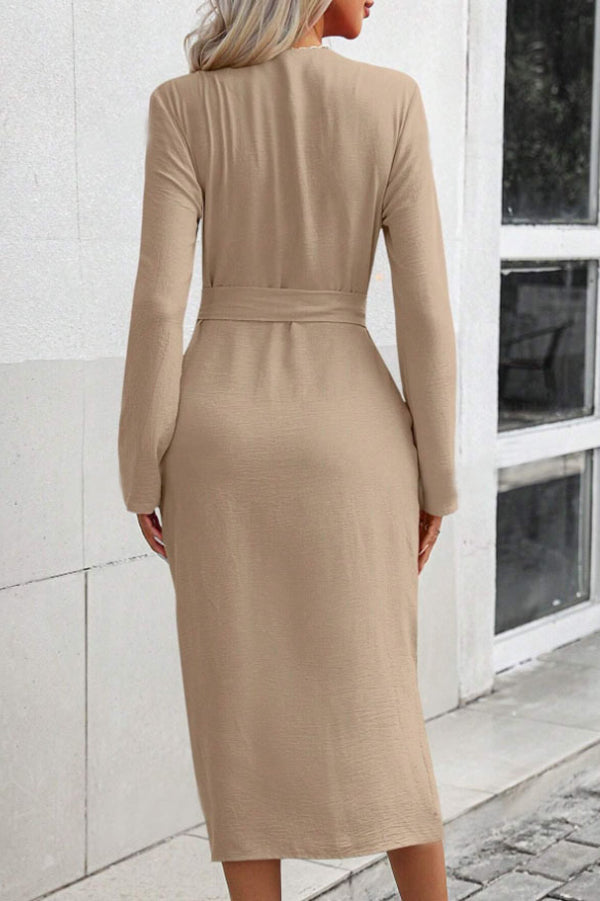 Elegant Solid Color Lapel Waist Lace-up Slit Midi Dress for Women | Formal Occasions, Office Wear & Evening Parties