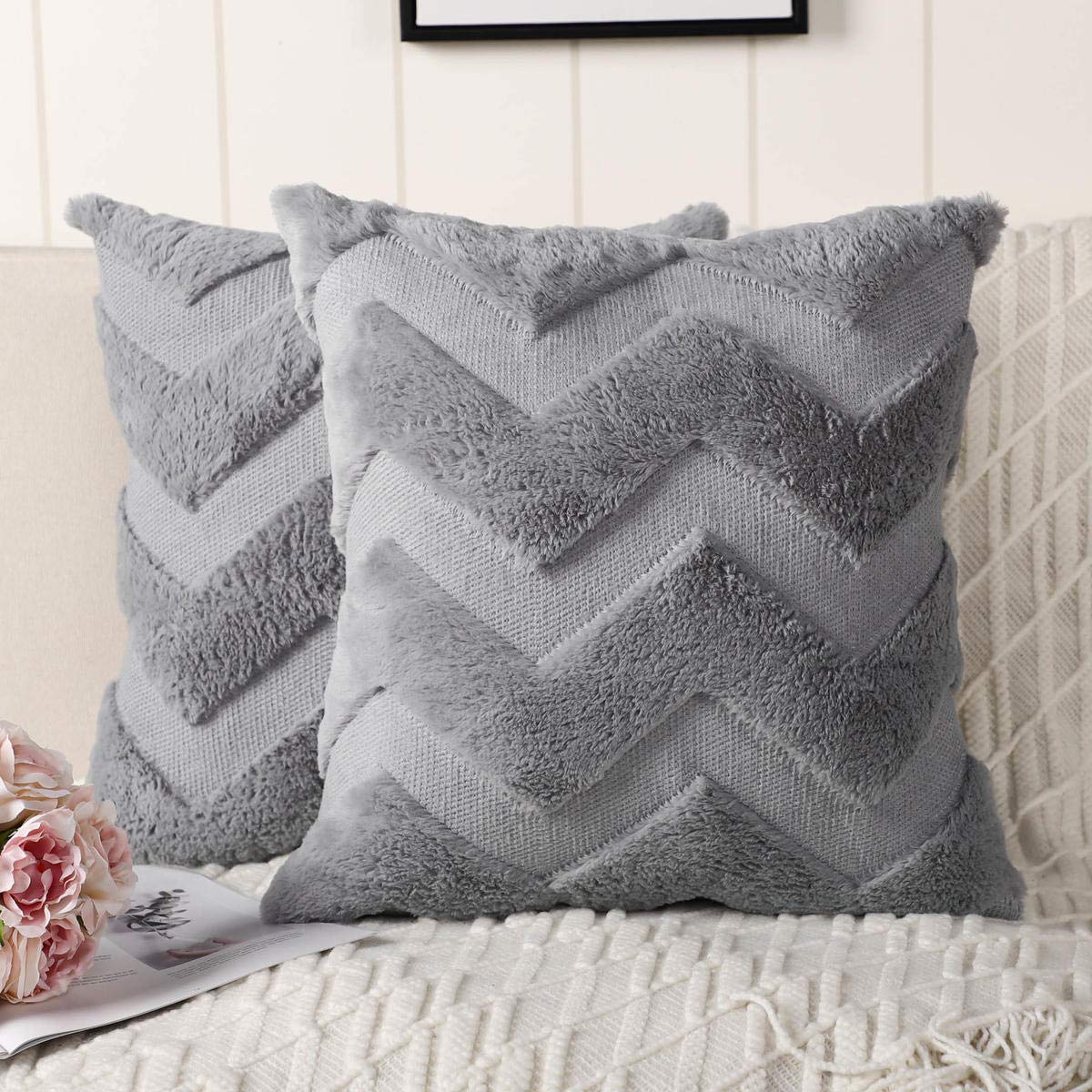 DEELAND 2 Pack Knitted Velvet Plush Throw Pillow Covers - Soft Textured Decorative Cushion Covers for Sofa, Couch, Bed & Living Room - Perfect for Home Decor, Cozy Accents and Seasonal Styling