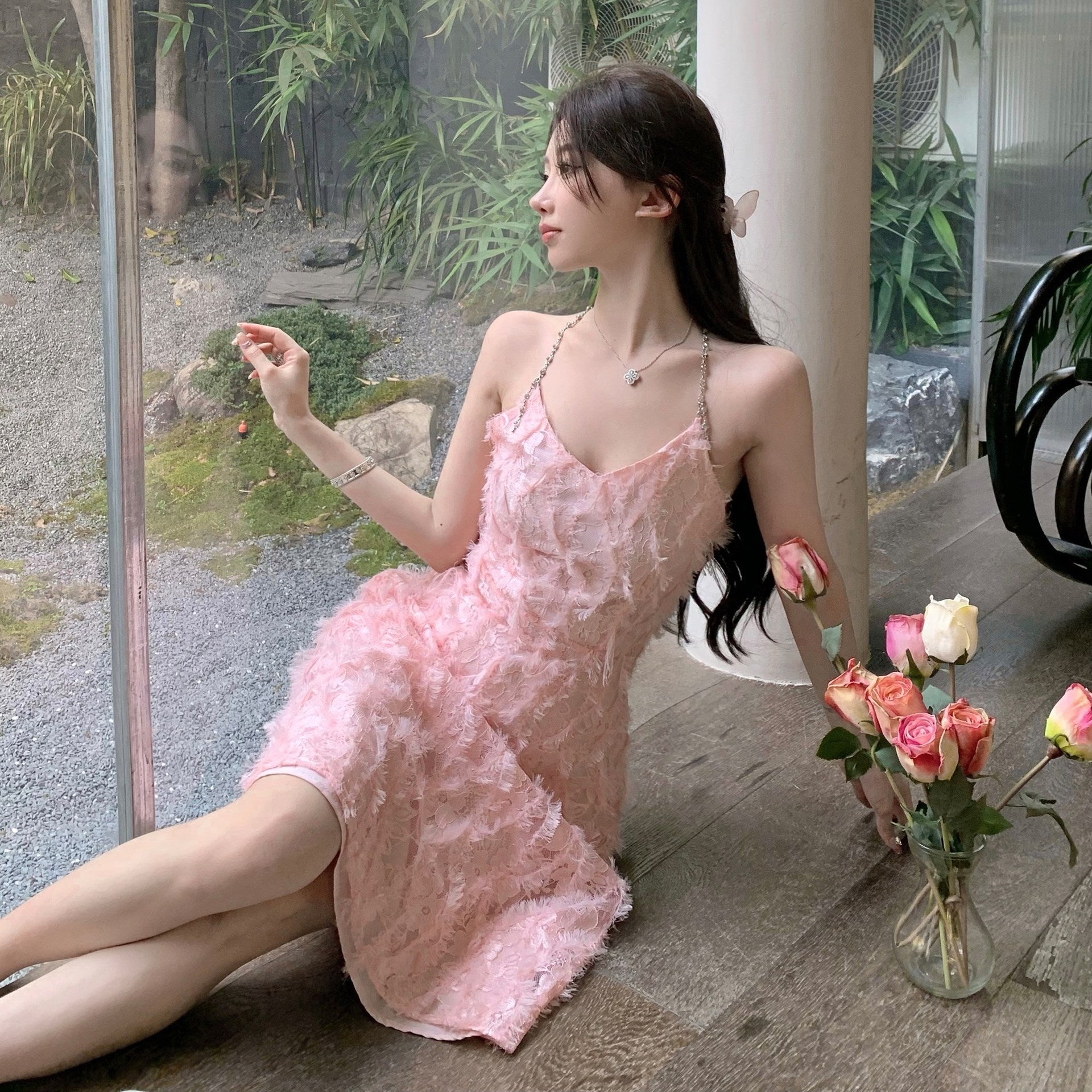 Elegant French Pink Feather Tassel Spaghetti Strap Dress - Summer Party, Wedding Guest, Cocktail Night Out Fashion for Women