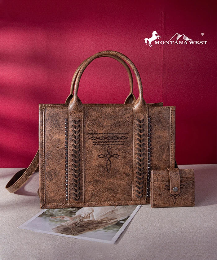 Montana West Whipstitch Tote Bag Set - Stylish Leather Handbag for Women, Spacious Work & Travel Tote with Matching Wallet - Perfect for Office, Commute & Weekend Getaways