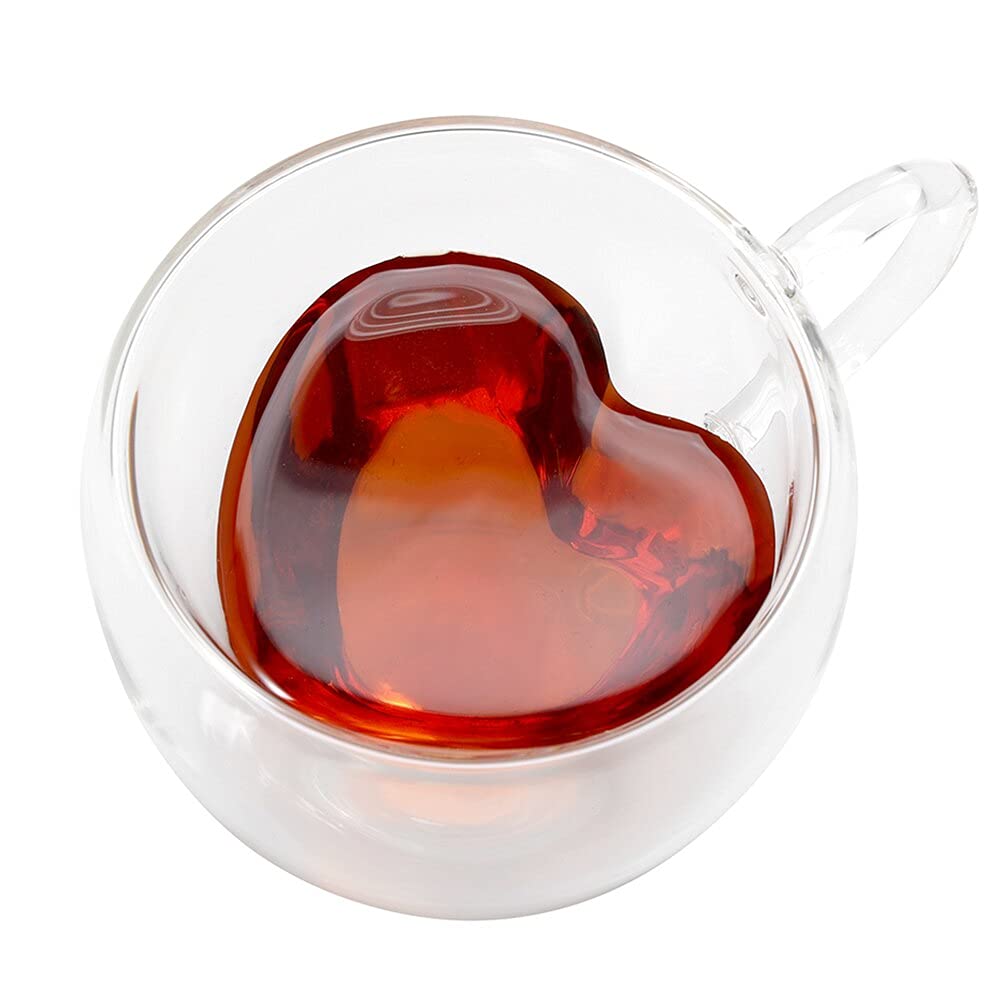 Heart-Shaped Double-Walled Insulated Glass Coffee Mugs & Tea Cups - 8oz Clear Glass with Handle, Unique Design for Hot/Cold Drinks - Perfect for Valentine's Gifts, Romantic Dates, or Cozy Home Coffee Time