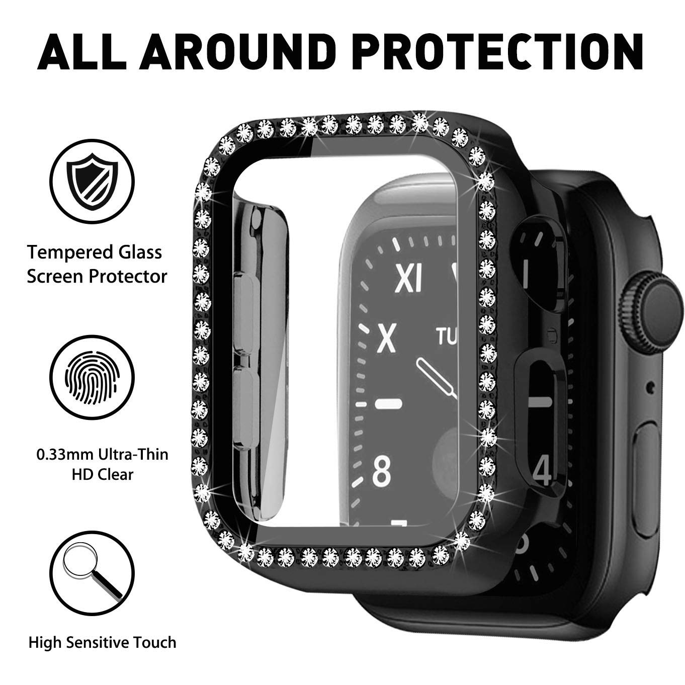 Mosonio Luxury Metal & Leather Apple Watch Band 44mm Compatible with Series SE/6/5/4 - 2-Pack Bling Case Cover & Screen Protector - Elegant Jewelry Bracelet for Women (Black Link with Black Leather) | Perfect for Work, Gym & Evening Events