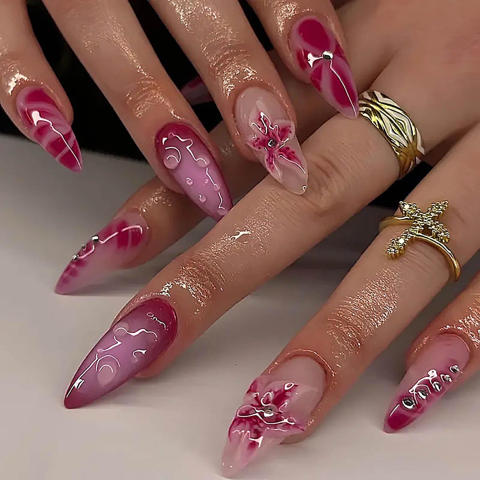 Medium Press on Nails Almond Shape - 3D Glue on Fake Nails Kit with Flower Designs | Cute Acrylic Nails for Women | Full Cover False Nails for Birthday, Party, Holiday, Christmas & Valentine's Day | Perfect for Nail Art, Salon & Special Occasions
