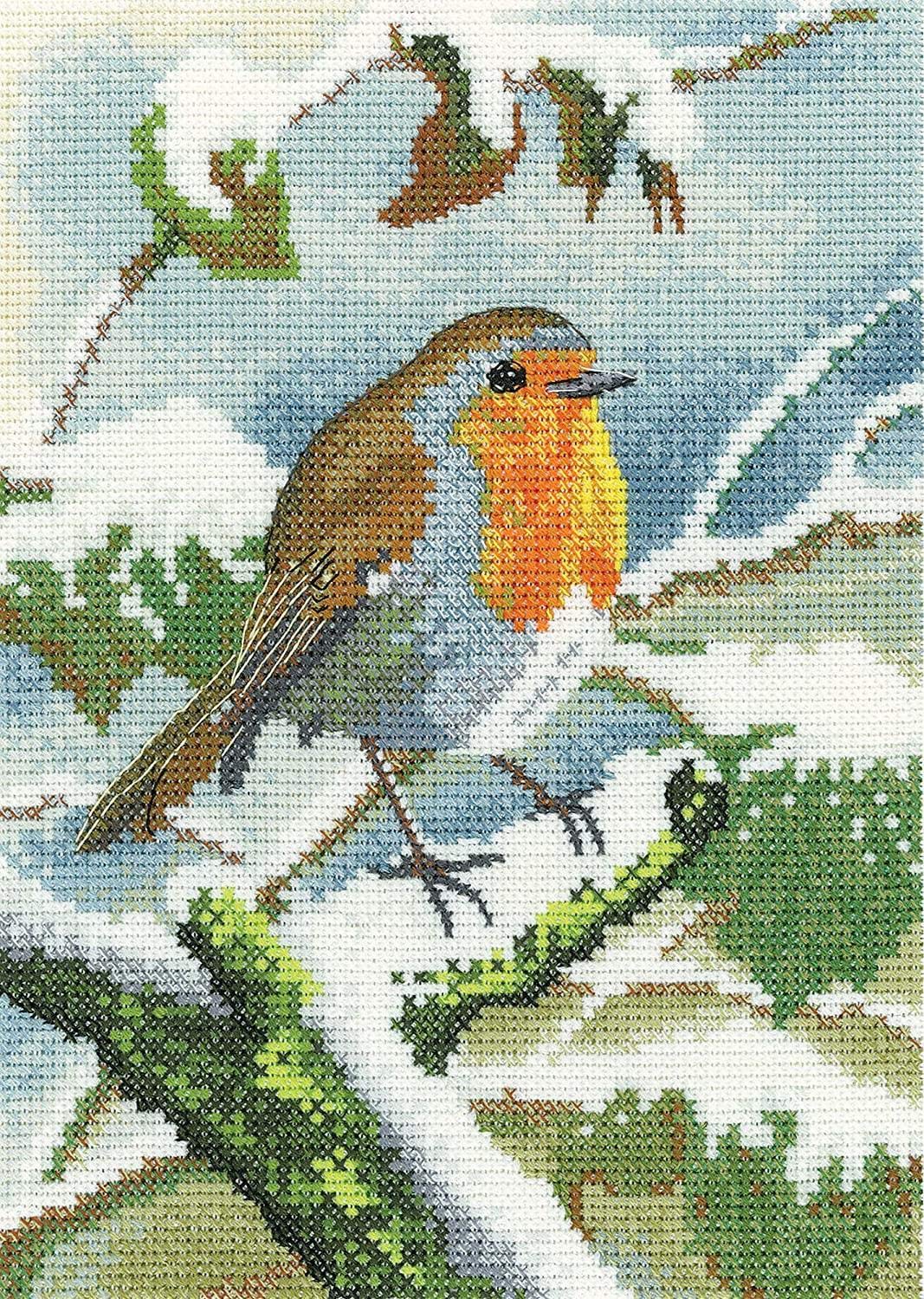 Heritage Crafts Robin in Winter Cross Stitch Kit - DIY Embroidery Kit for Beginners, Complete Needlepoint Set with Pattern, Thread & Hoop - Perfect for Holiday Decor & Winter Crafting Projects