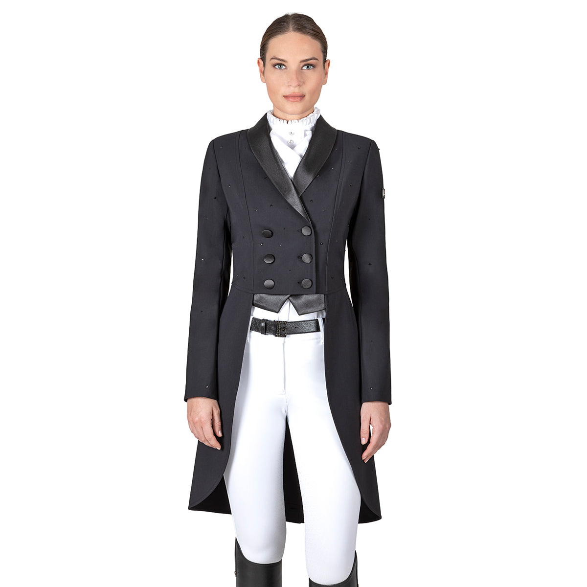 Equiline Women's Sparkling Rhinestone Tailcoat Blazer - Elegant Evening Wear for Parties, Weddings & Special Occasions