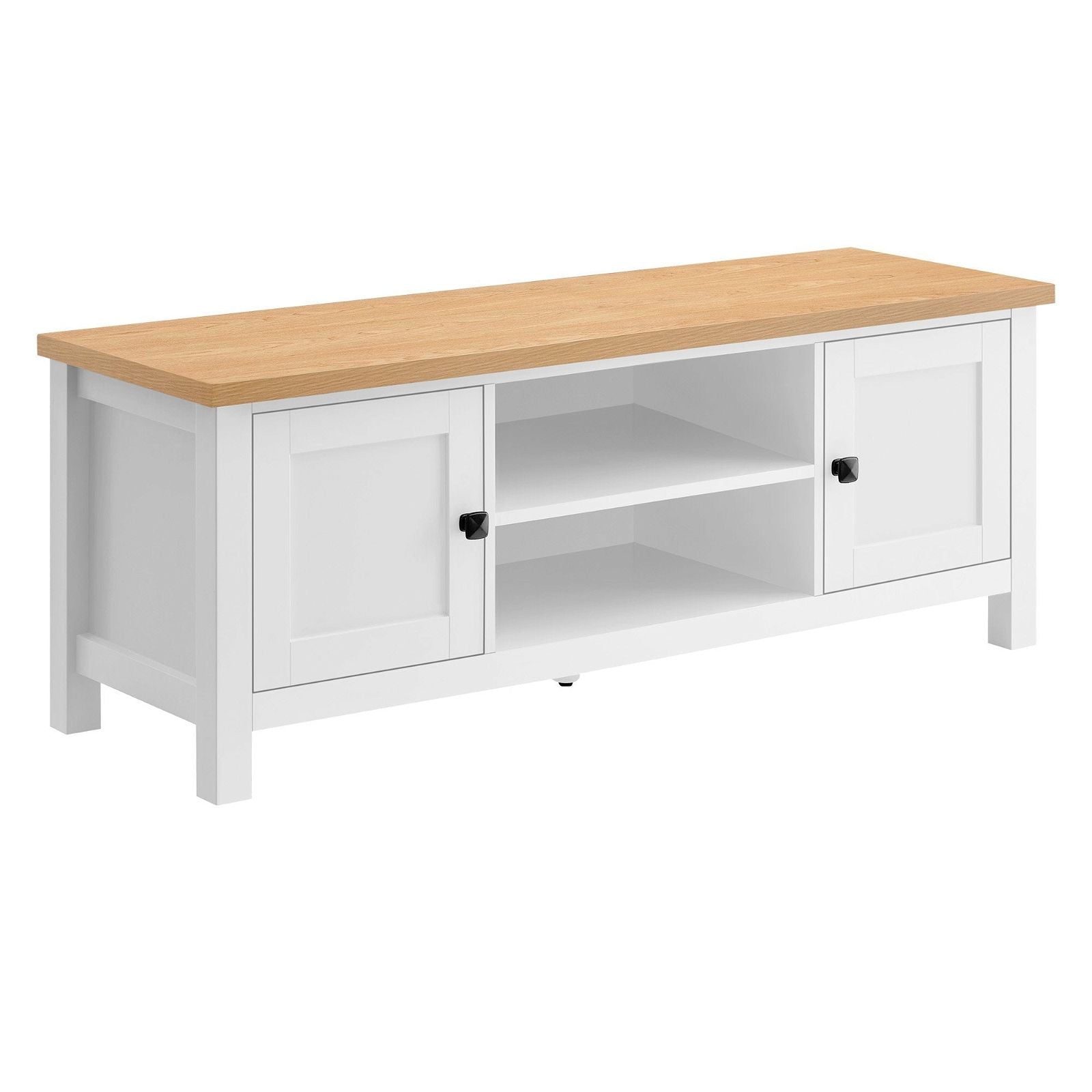 Sarantino Gio TV Stand - White & Natural Wood Entertainment Center with Storage | Perfect for Living Room, Bedroom & Home Theater Setup