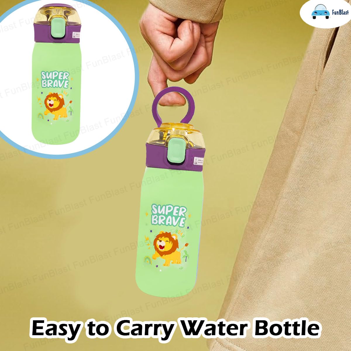 FunBlast Insulated Stainless Steel Water Bottle for Kids - 500ml Double Walled Vacuum Insulated SS-304 Water Bottle with Cartoon Design | Keeps Drinks Hot & Cold for 12+ Hours | Perfect for School, Sports, Travel & Outdoor Activities