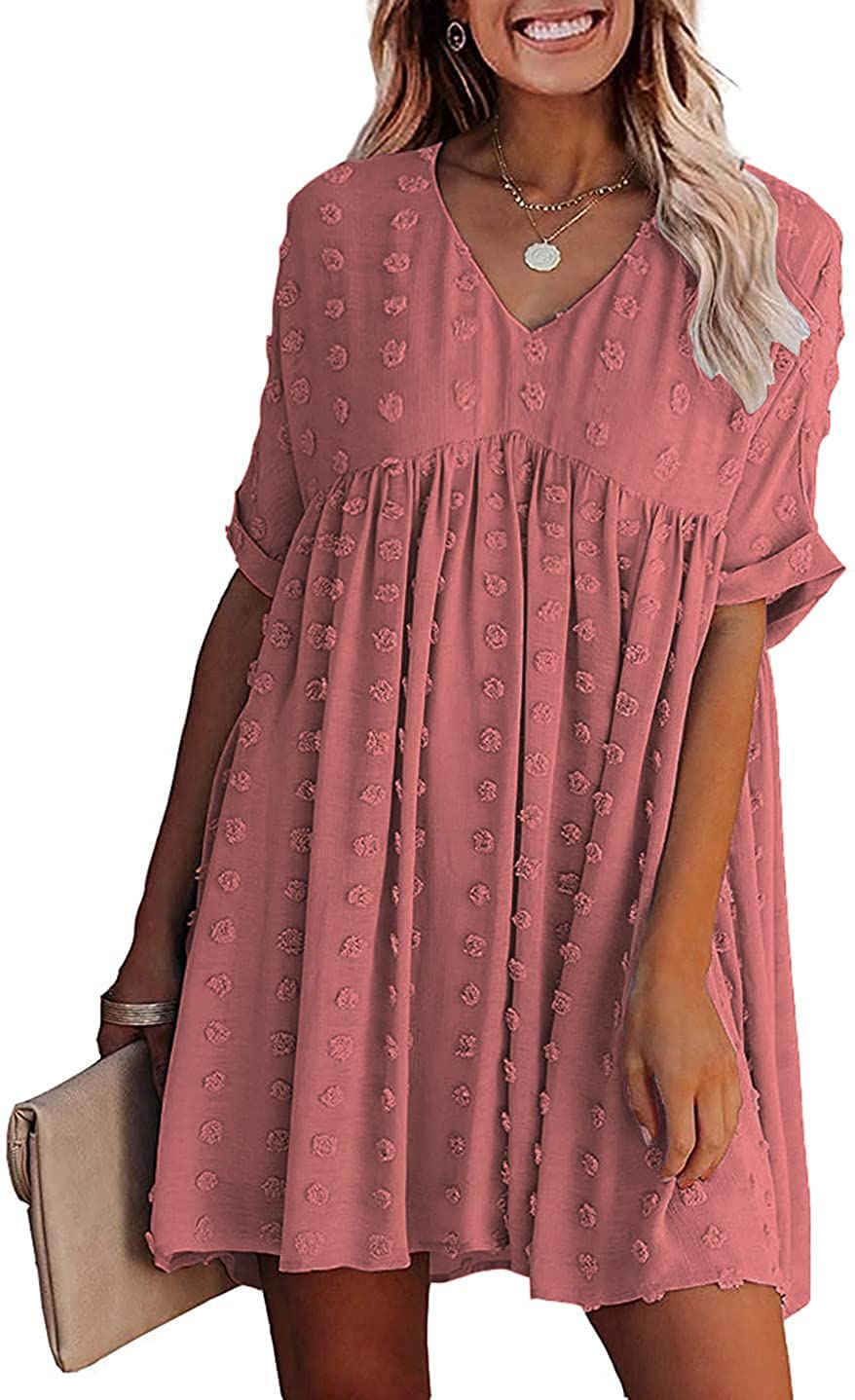 OURS Women's Summer Short Sleeve Flowy Mini Dress - V Neck Sexy Casual Swiss Dot Dress for Beach, Party & Date Night | Loose Fit Comfortable Sundress